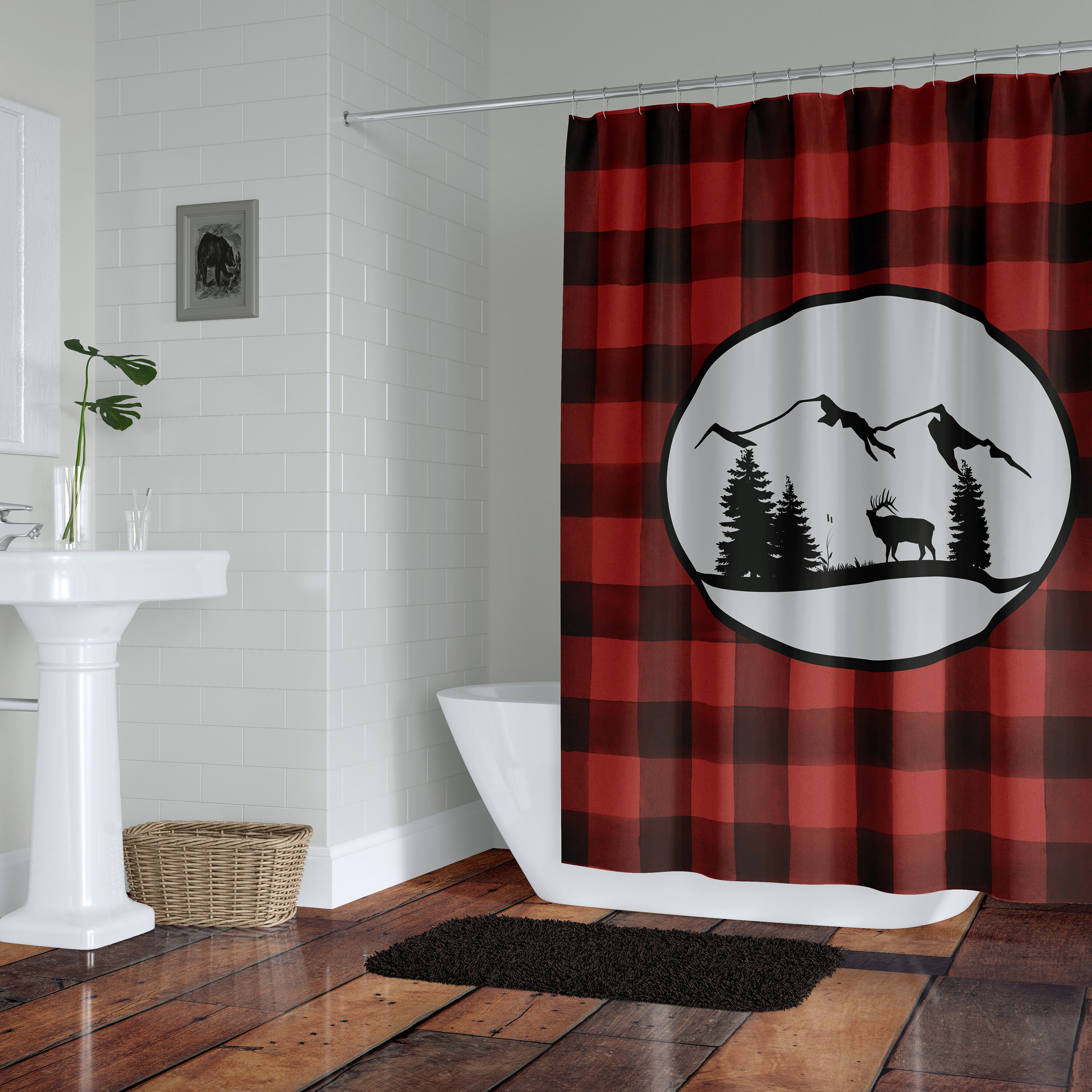 Rustic Plaid Moose Shower Curtain Set with Optional Buffalo Plaid Bathroom - Image 2