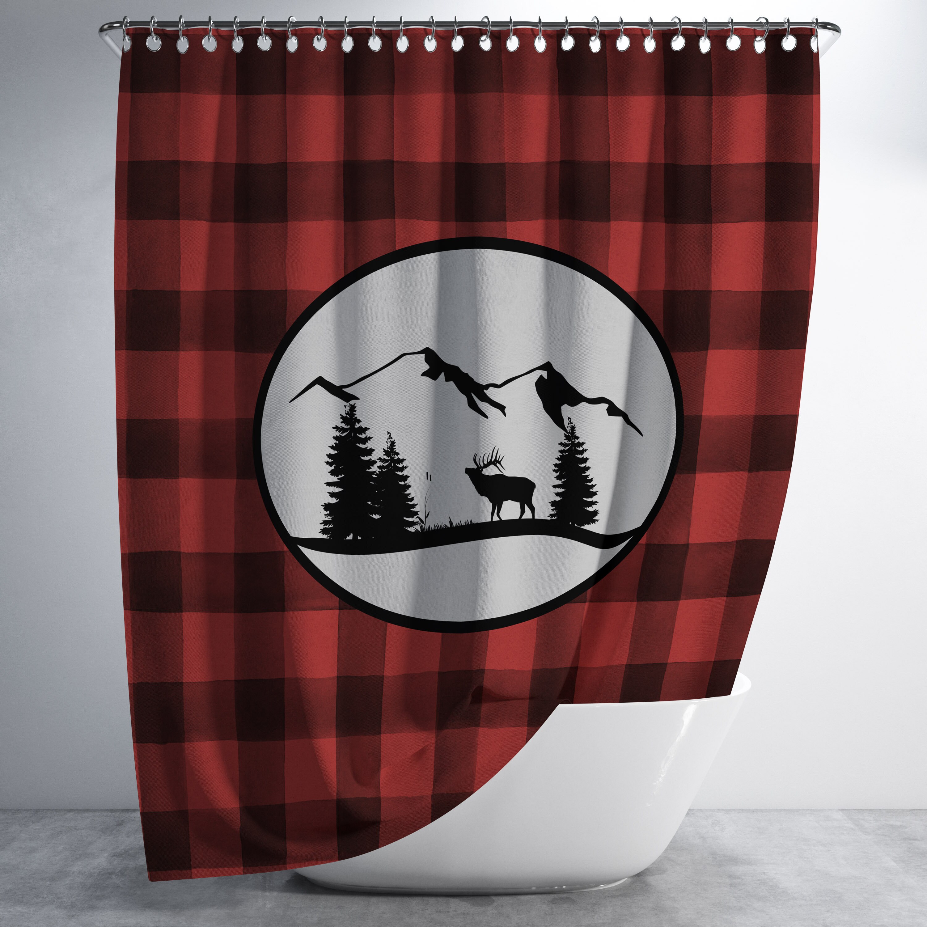 Rustic Plaid Moose Shower Curtain Set with Optional Buffalo Plaid Bathroom - Image 4