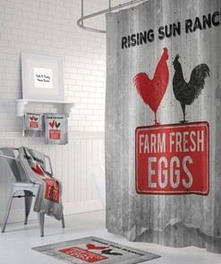 Rustic Primitive Chicken Farmhouse Shower Curtain, Unique Bathtub Curtain with Farmhouse Design Elements