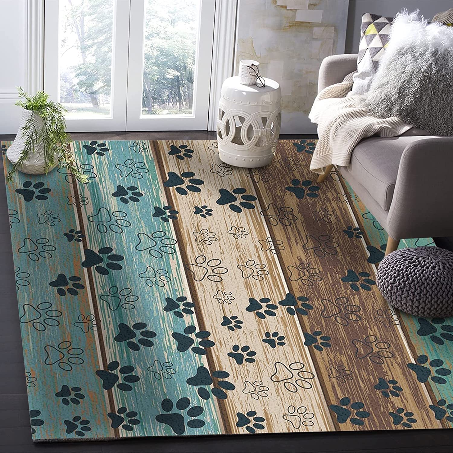 Rustic Teal Brown Beige Wood Easy to Clean Stain Kids Rugs with Non-Slip Backing for Safety