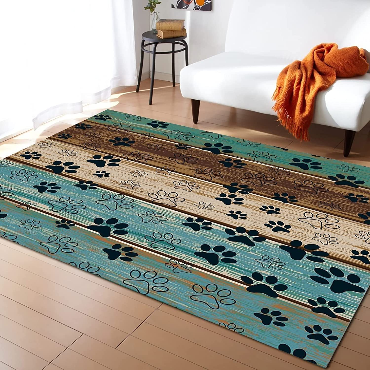 Rustic Teal Brown Beige Wood Easy to Clean Stain Kids Rugs with Non-Slip Backing for Safety - Image 2