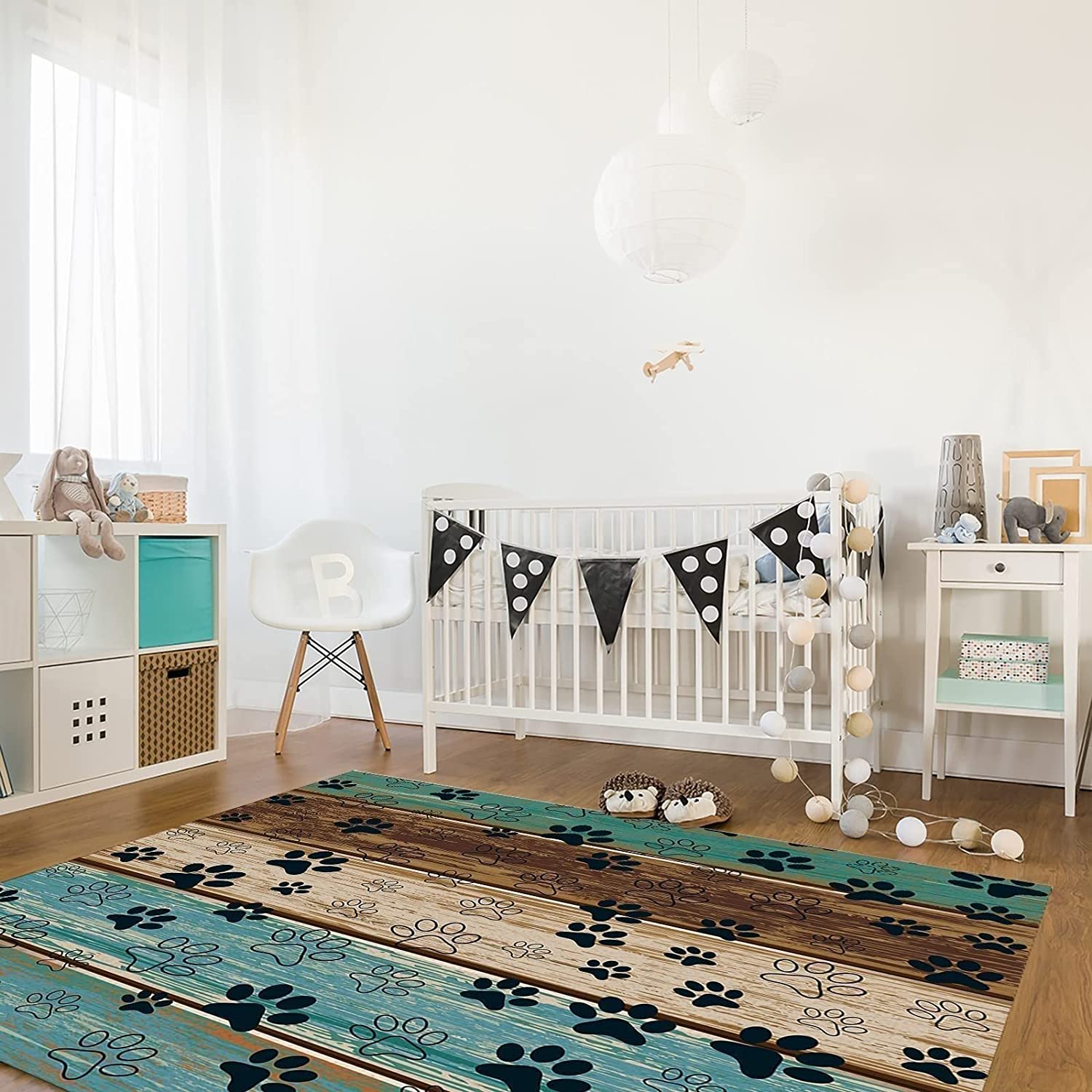 Rustic Teal Brown Beige Wood Easy to Clean Stain Kids Rugs with Non-Slip Backing for Safety - Image 3