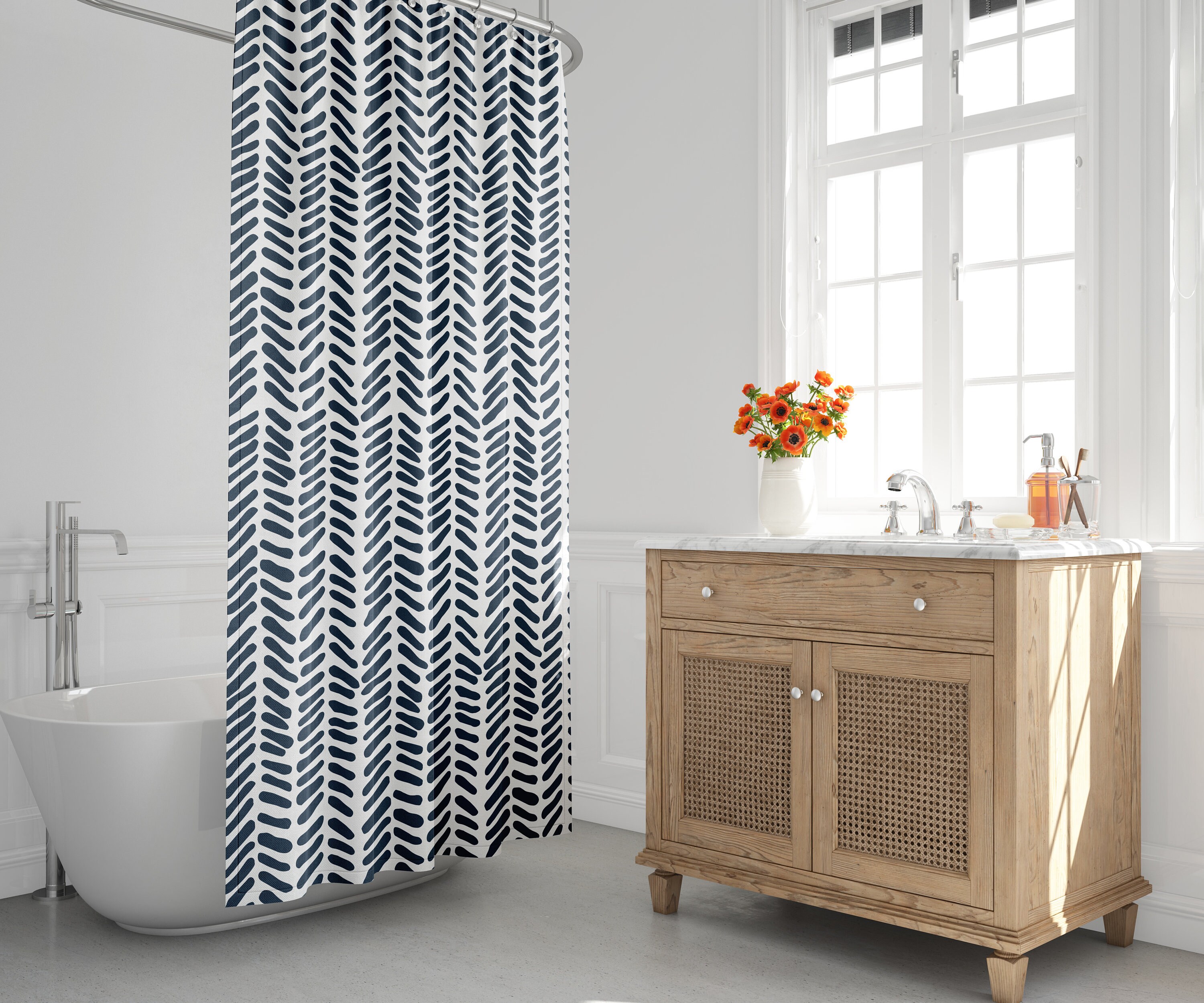Rustic Tribal Shower Curtain with Herringbone Pattern and Minimalist Mid-Century Modern Design