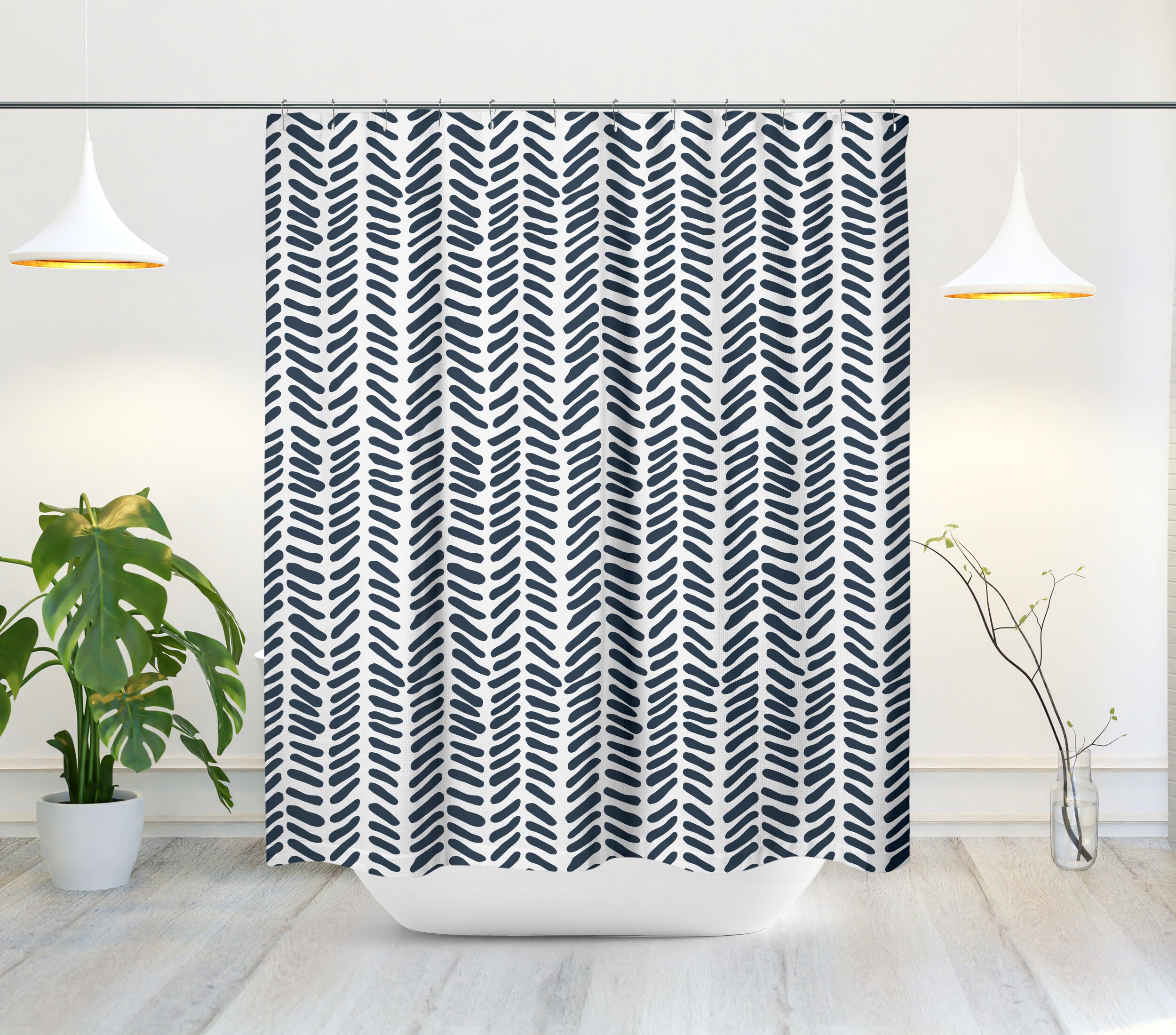 Rustic Tribal Shower Curtain with Herringbone Pattern and Minimalist Mid-Century Modern Design - Image 2