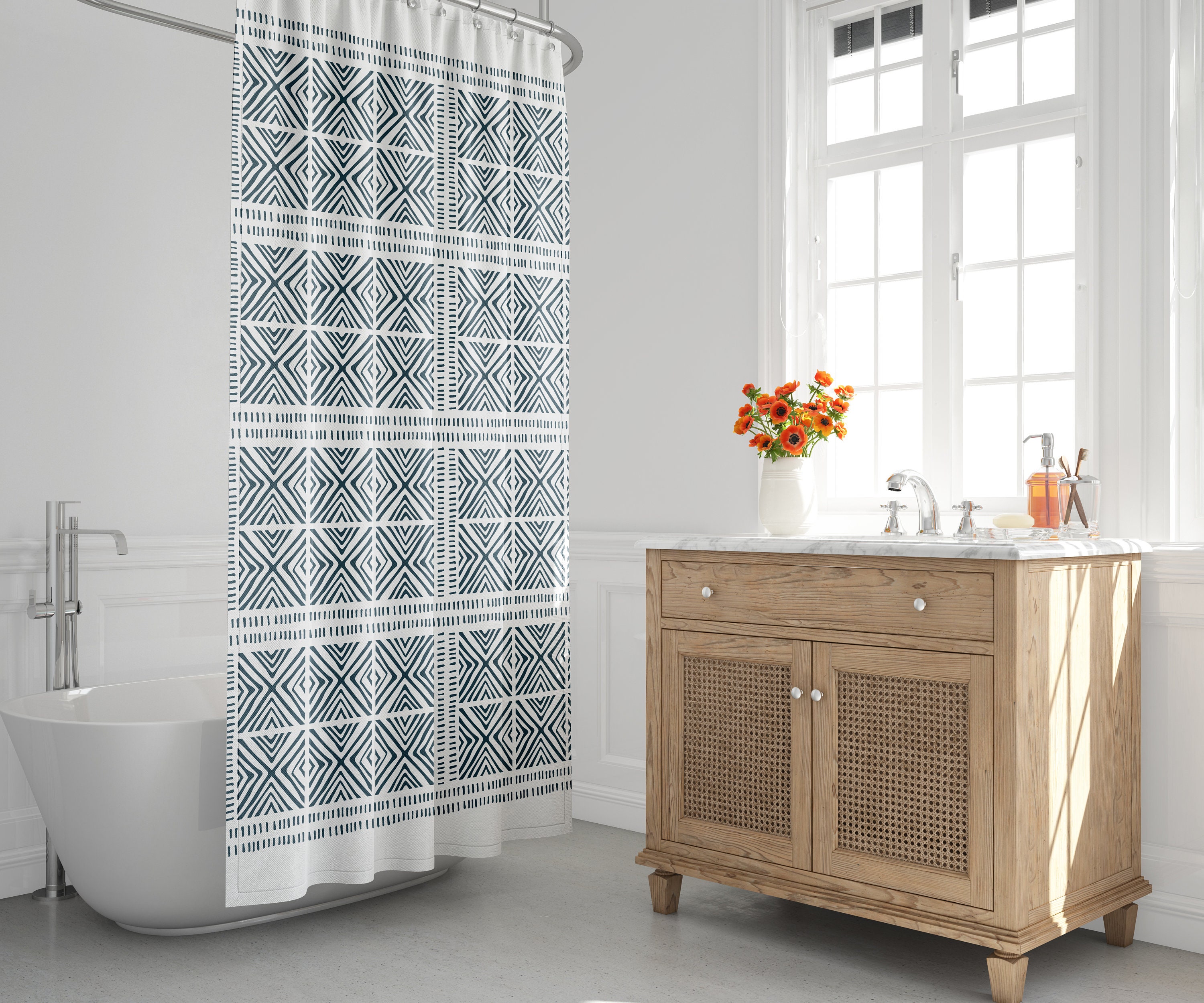 Rustic Tribal Shower Curtain with Minimalist Mid-Century Modern Design, Perfect for Ethnic Boho Bath Decor