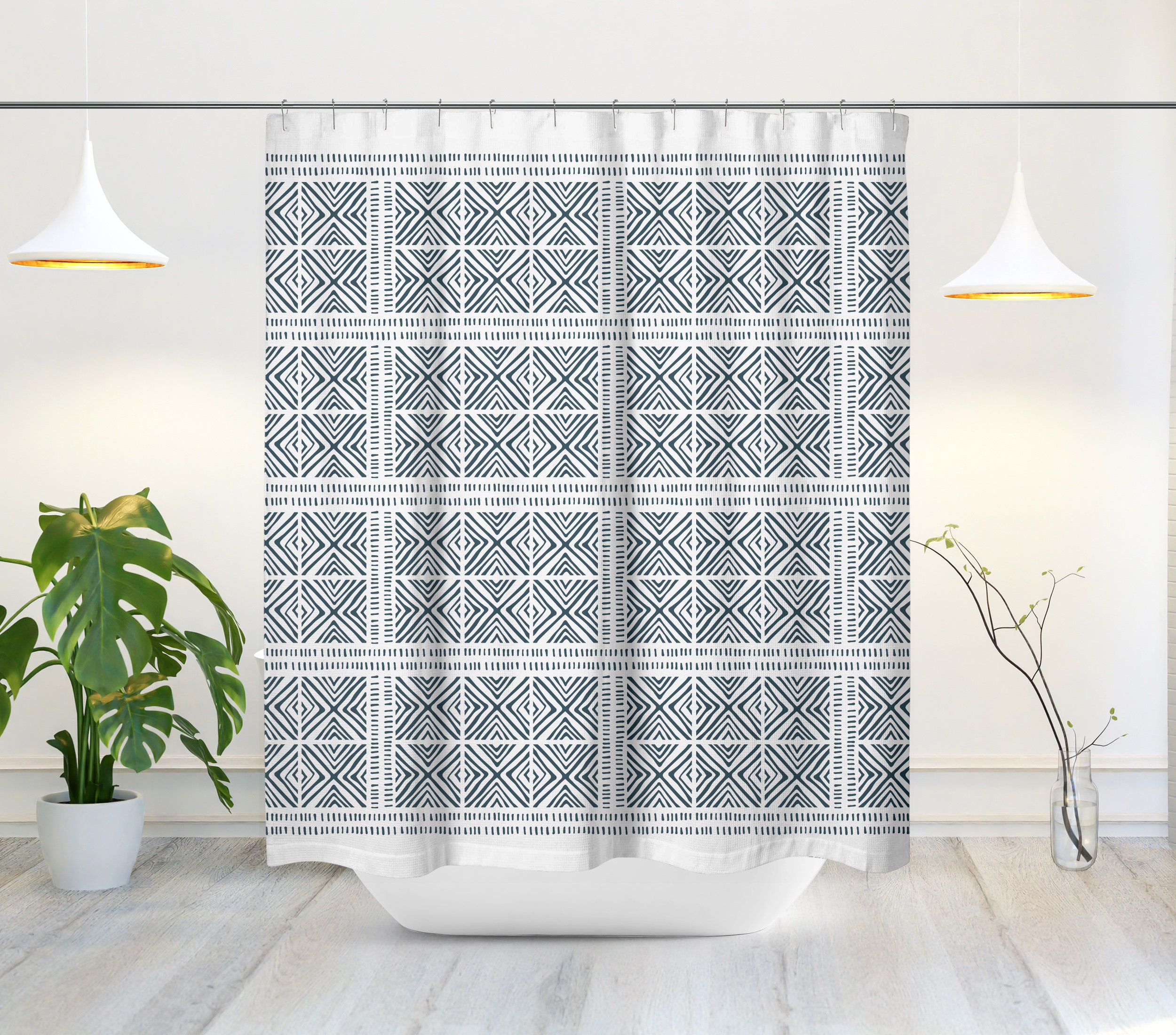 Rustic Tribal Shower Curtain with Minimalist Mid-Century Modern Design, Perfect for Ethnic Boho Bath Decor - Image 2