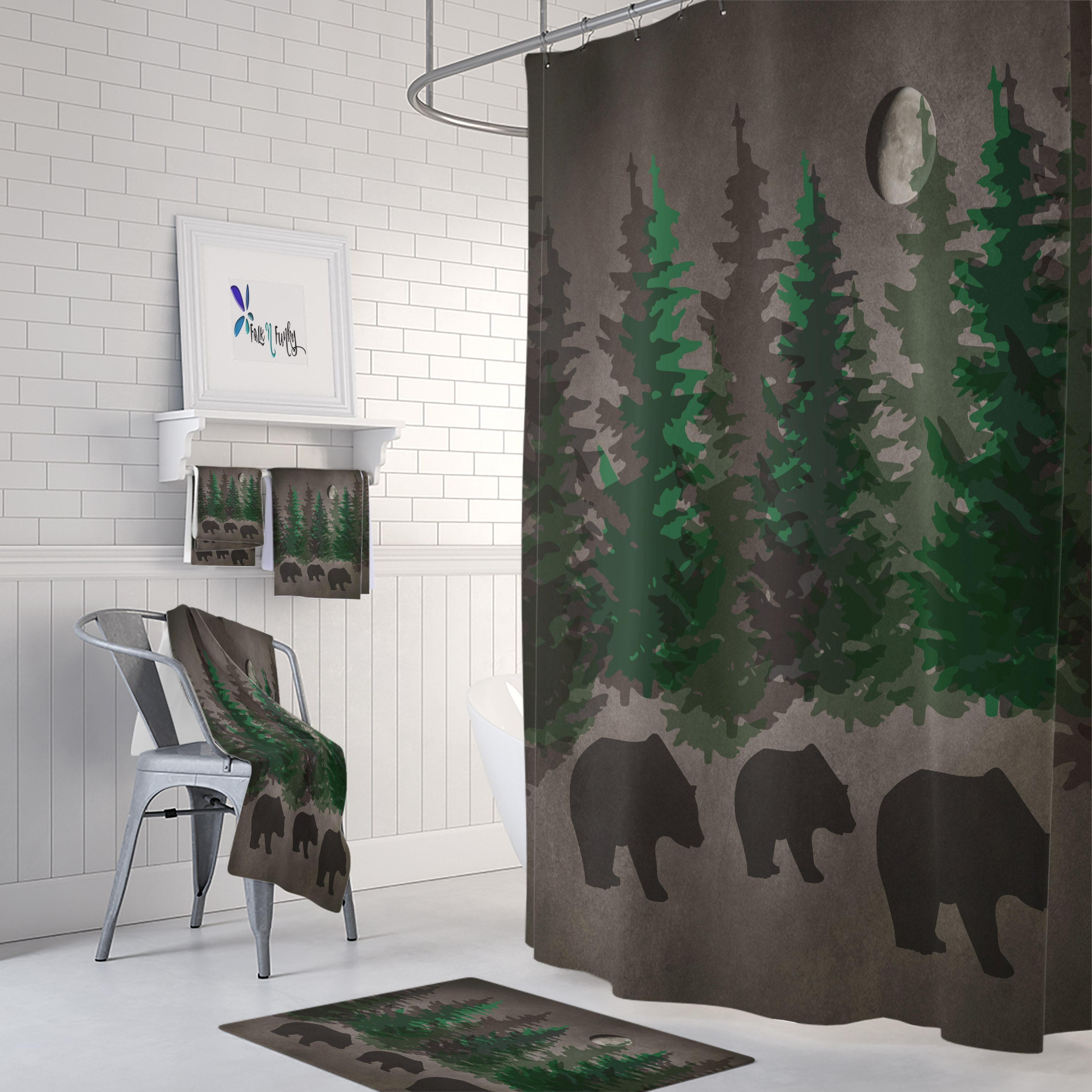 Rustic Woodland Bears Shower Curtain Set with FolkNFunky Bath Decor - Image 2