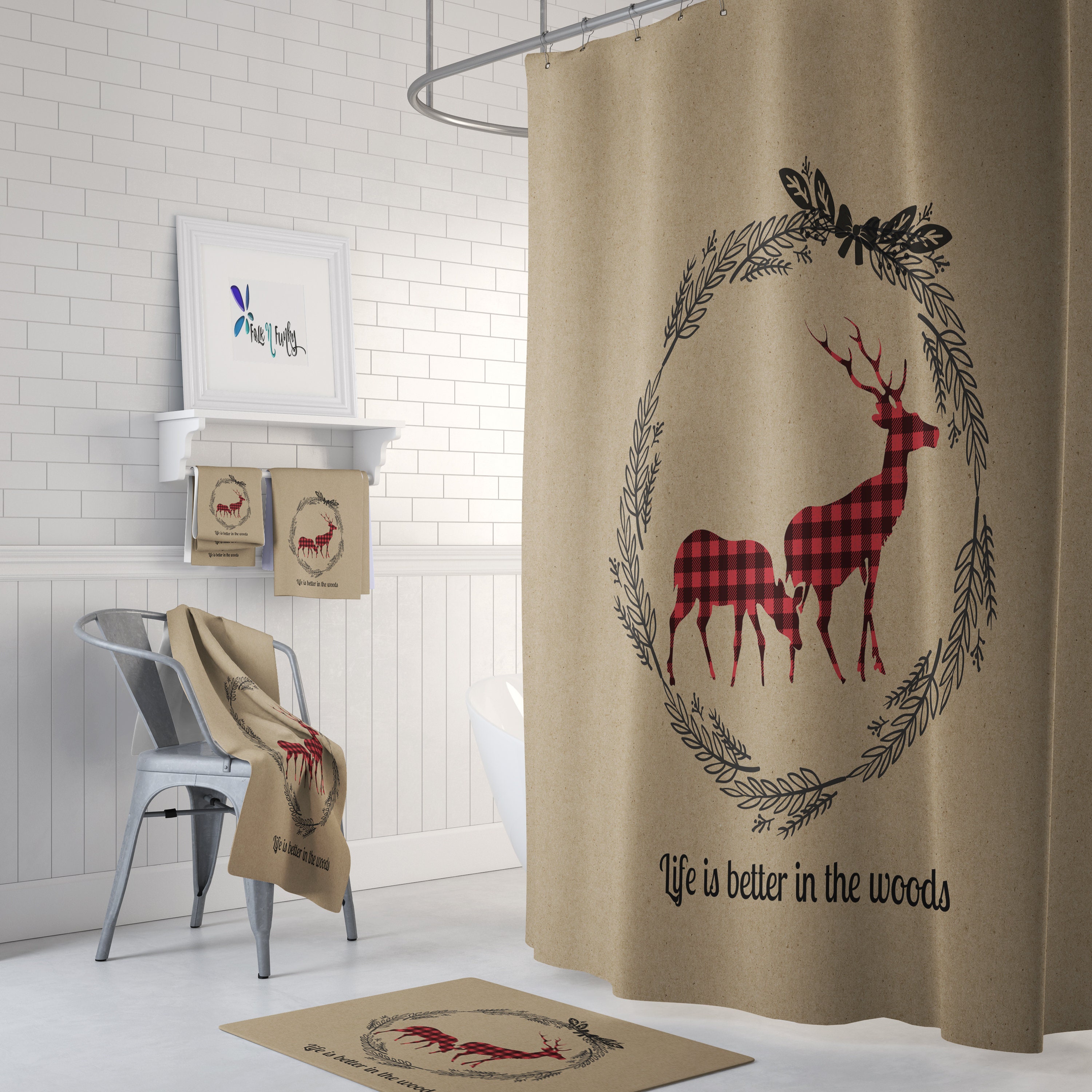 Rustic Woodland Buffalo Plaid Shower Curtain Set with Optional Bathroom Accessories