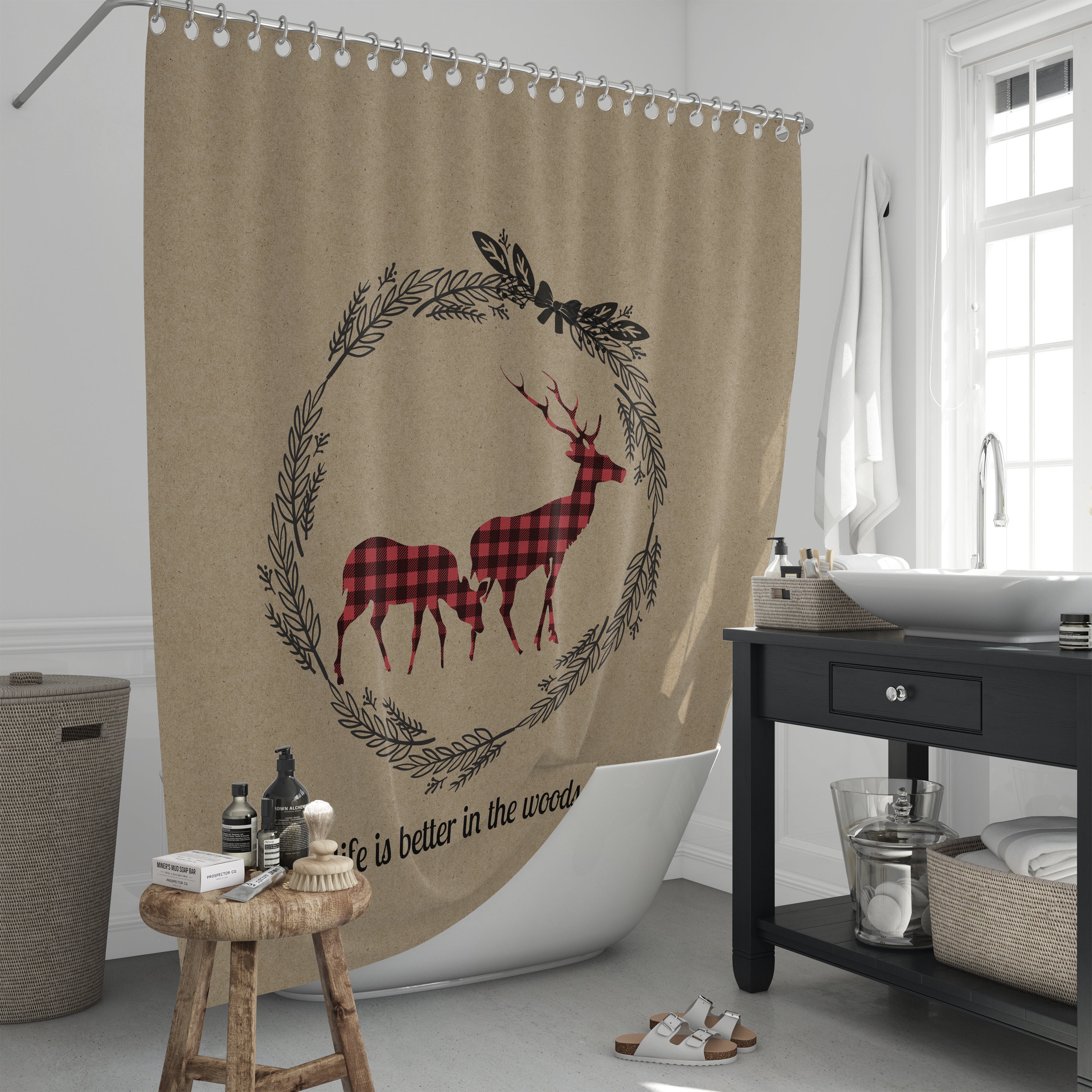 Rustic Woodland Buffalo Plaid Shower Curtain Set with Optional Bathroom Accessories - Image 2