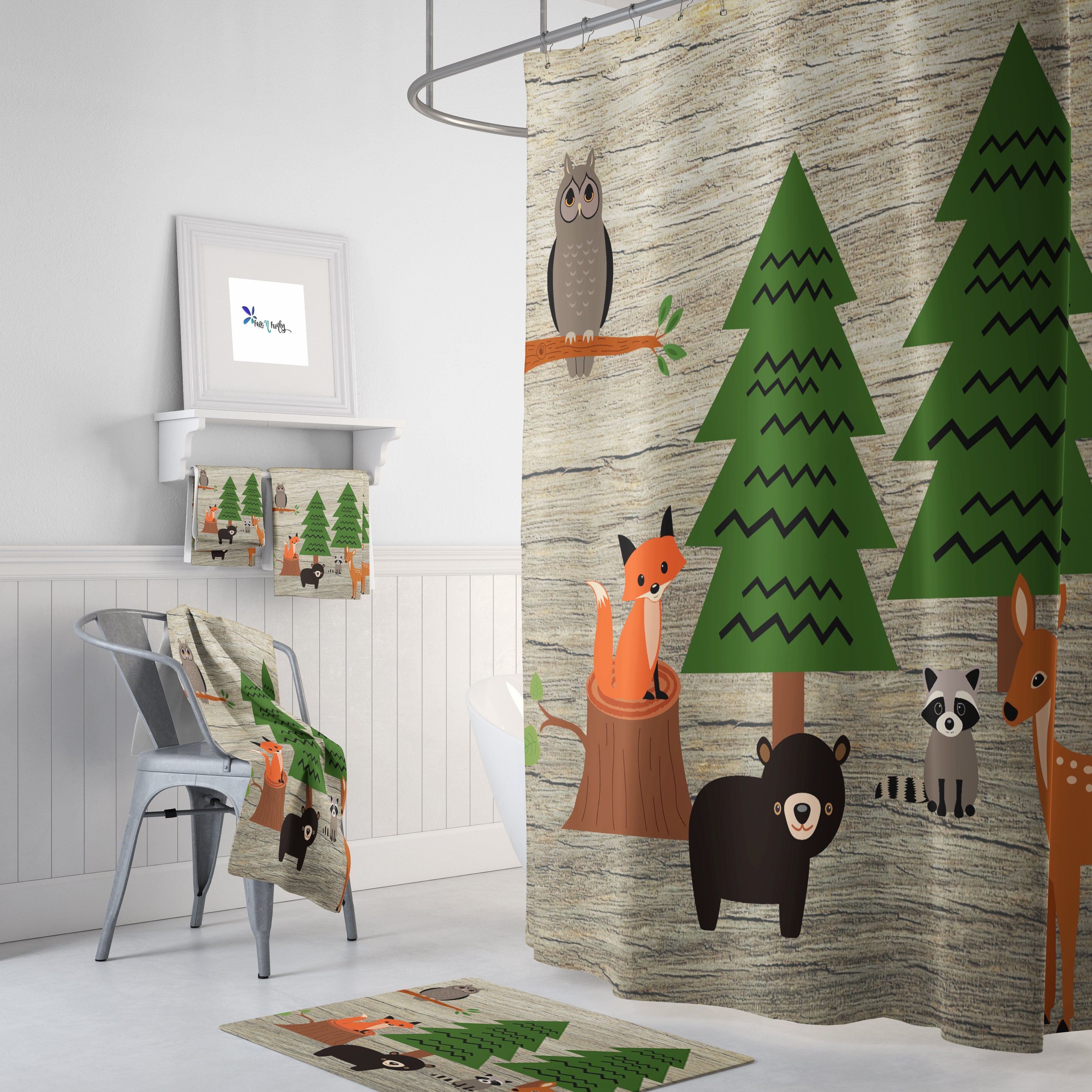 Rustic Woodland Forest Shower Curtain Set with Wildlife Bath Decor