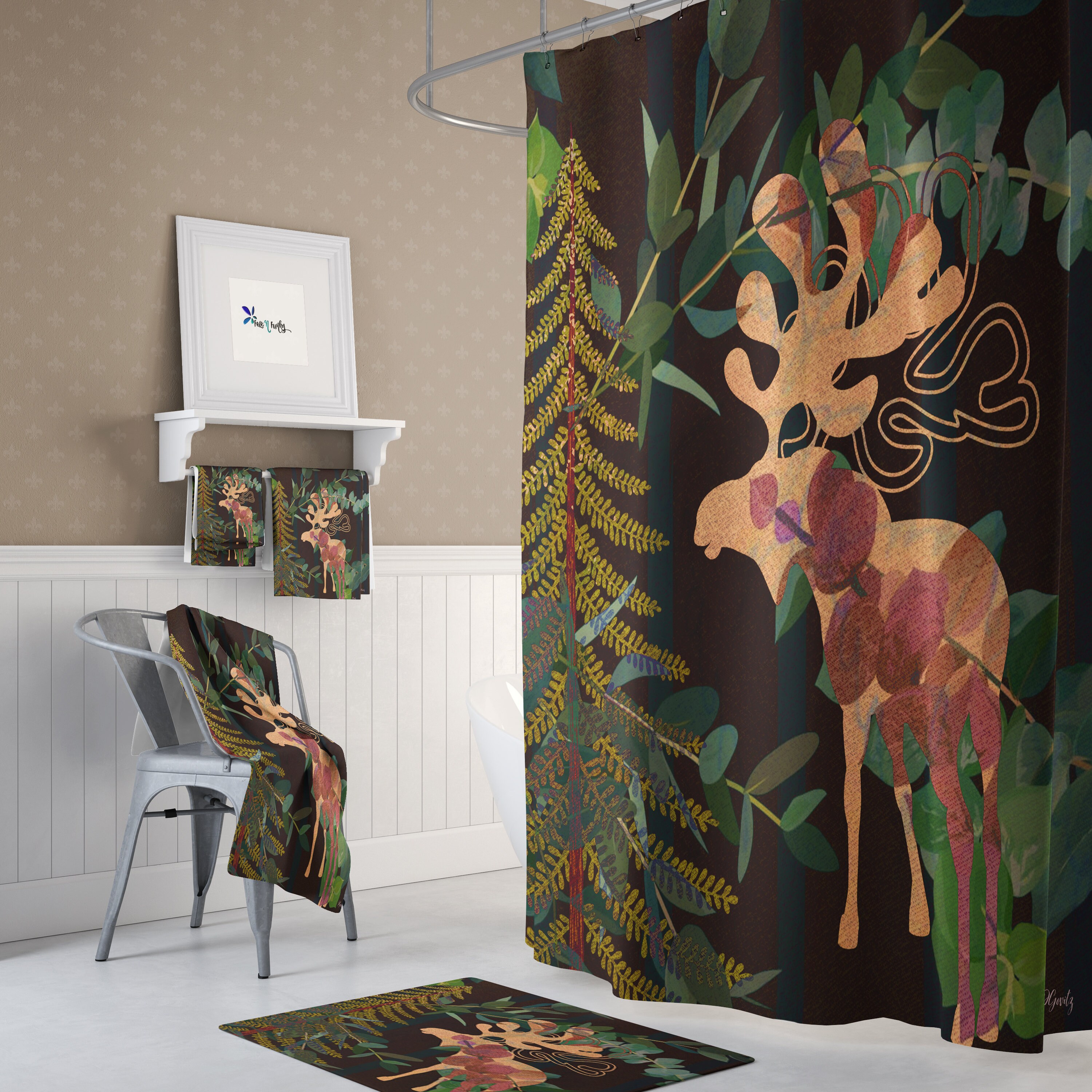 Rustic Woodland Moose Shower Curtain with Nature-Inspired Bath Set - Image 2