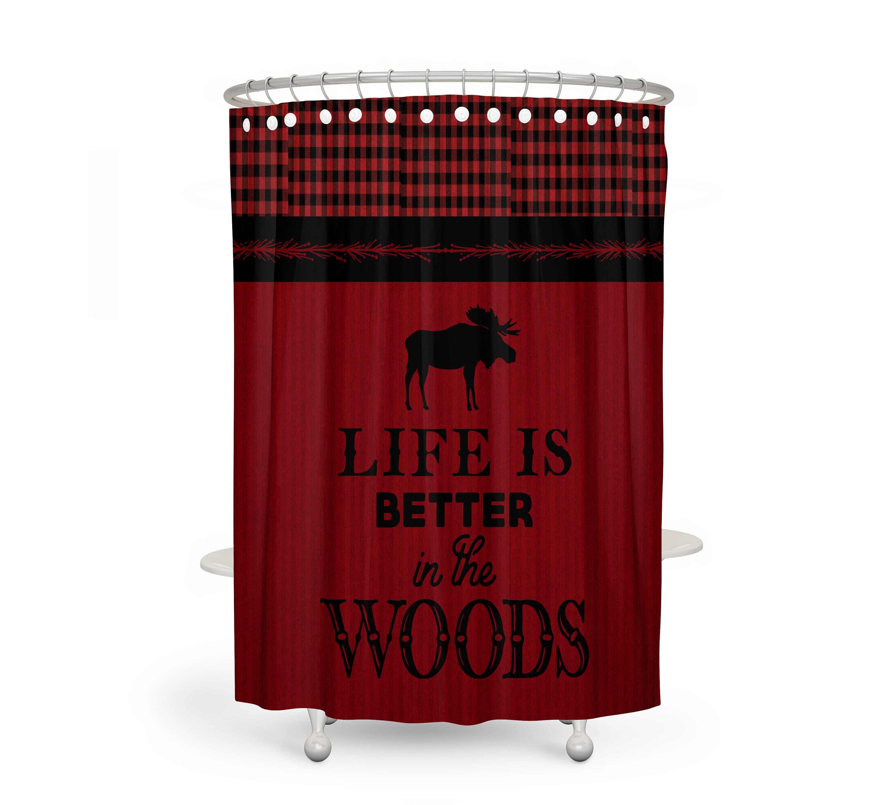 Rustic Woodland Moose Shower Curtain with Red Buffalo Plaid Bathroom Decor - Image 2