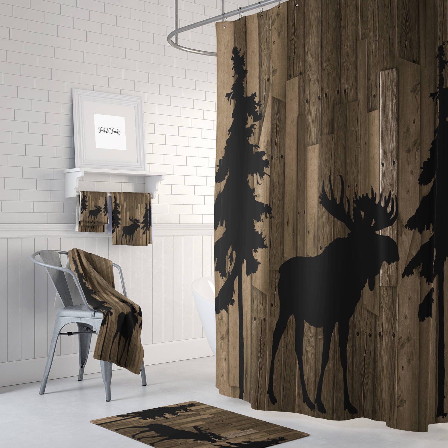 Rustic Woodland Moose Trees Faux Wood Shower Curtain Set with Bath Mat and Towels
