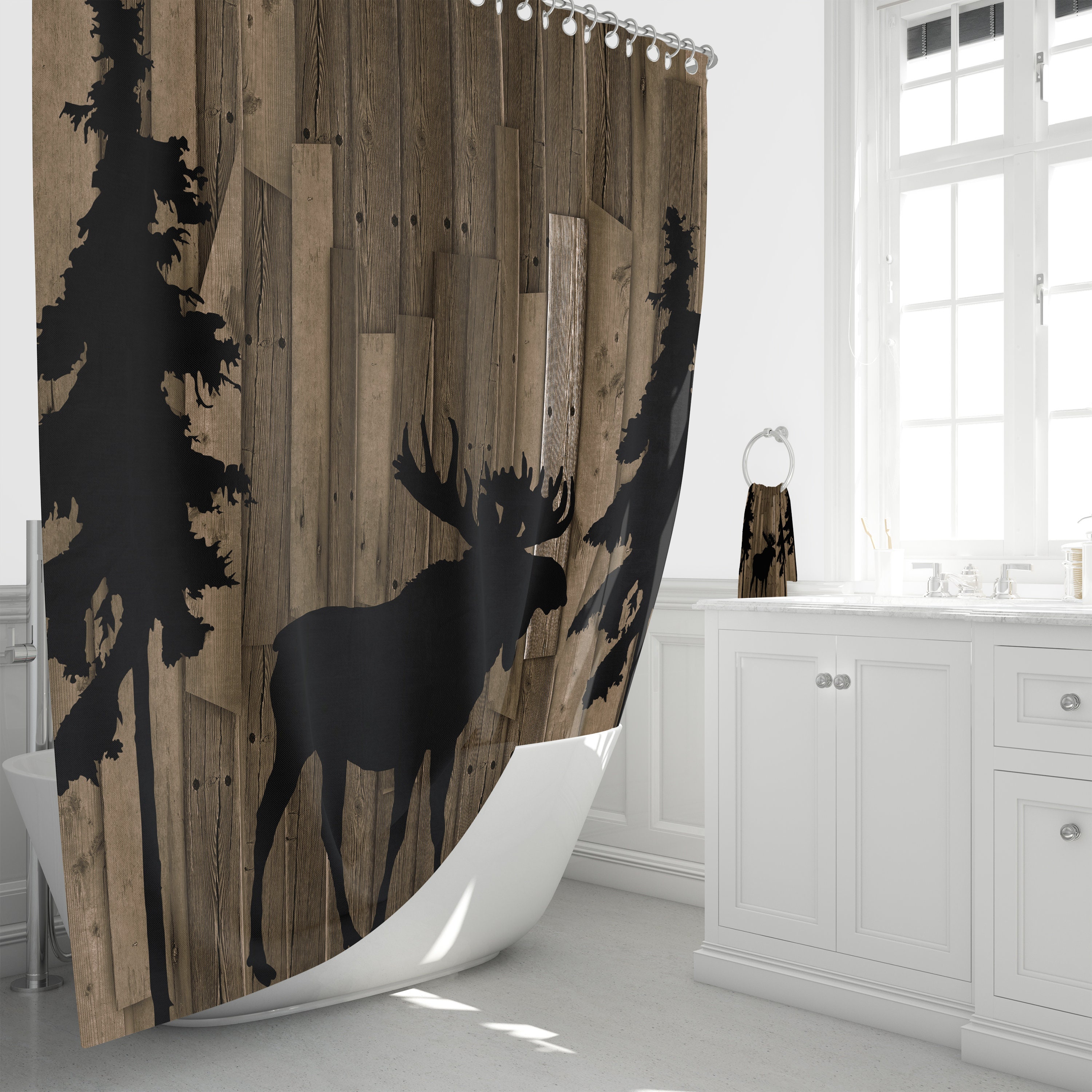 Rustic Woodland Moose Trees Faux Wood Shower Curtain Set with Bath Mat and Towels - Image 2