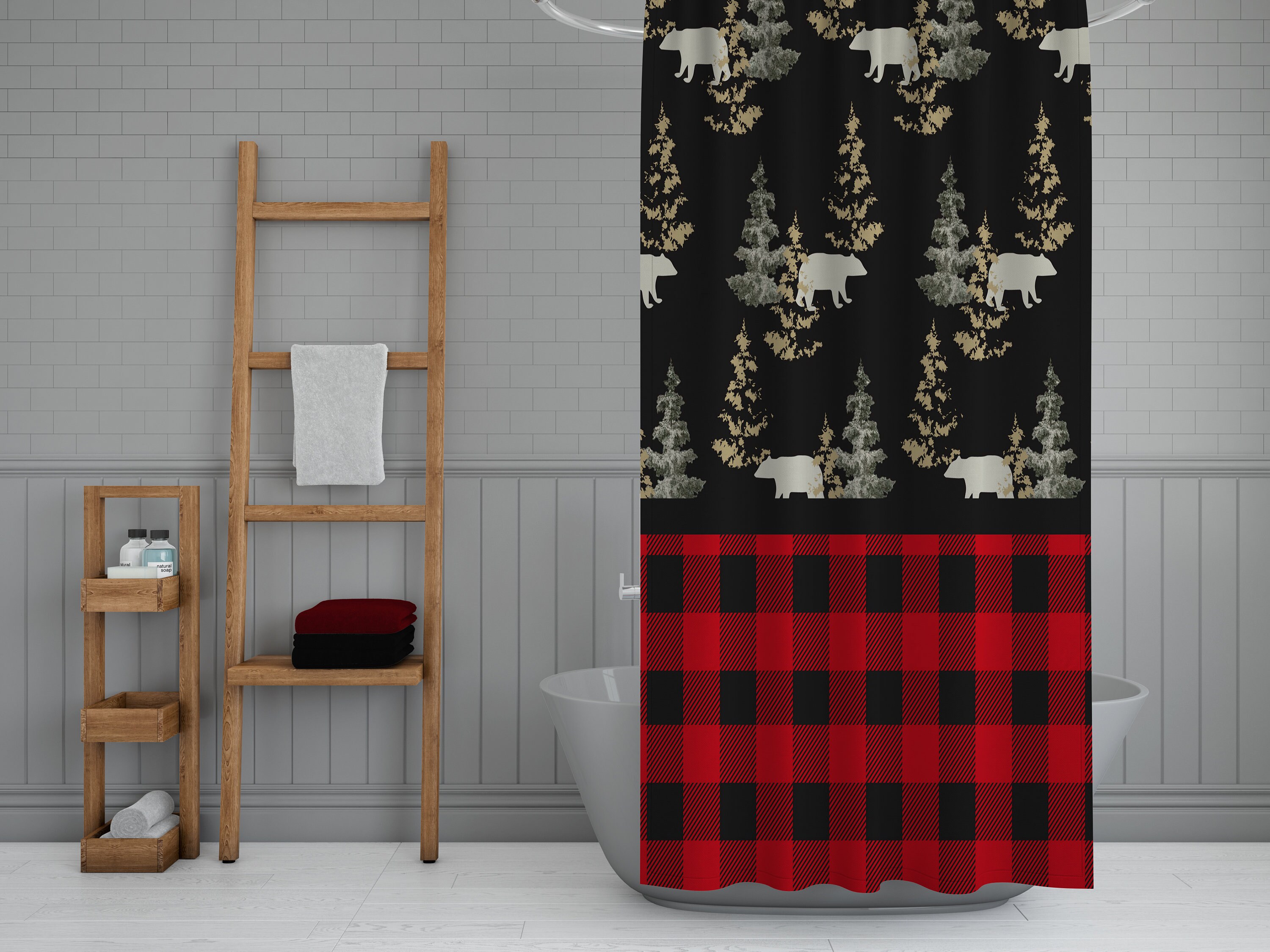 Rustic Woodland Shower Curtain with Lumberjack Plaid Bath Set - Image 2