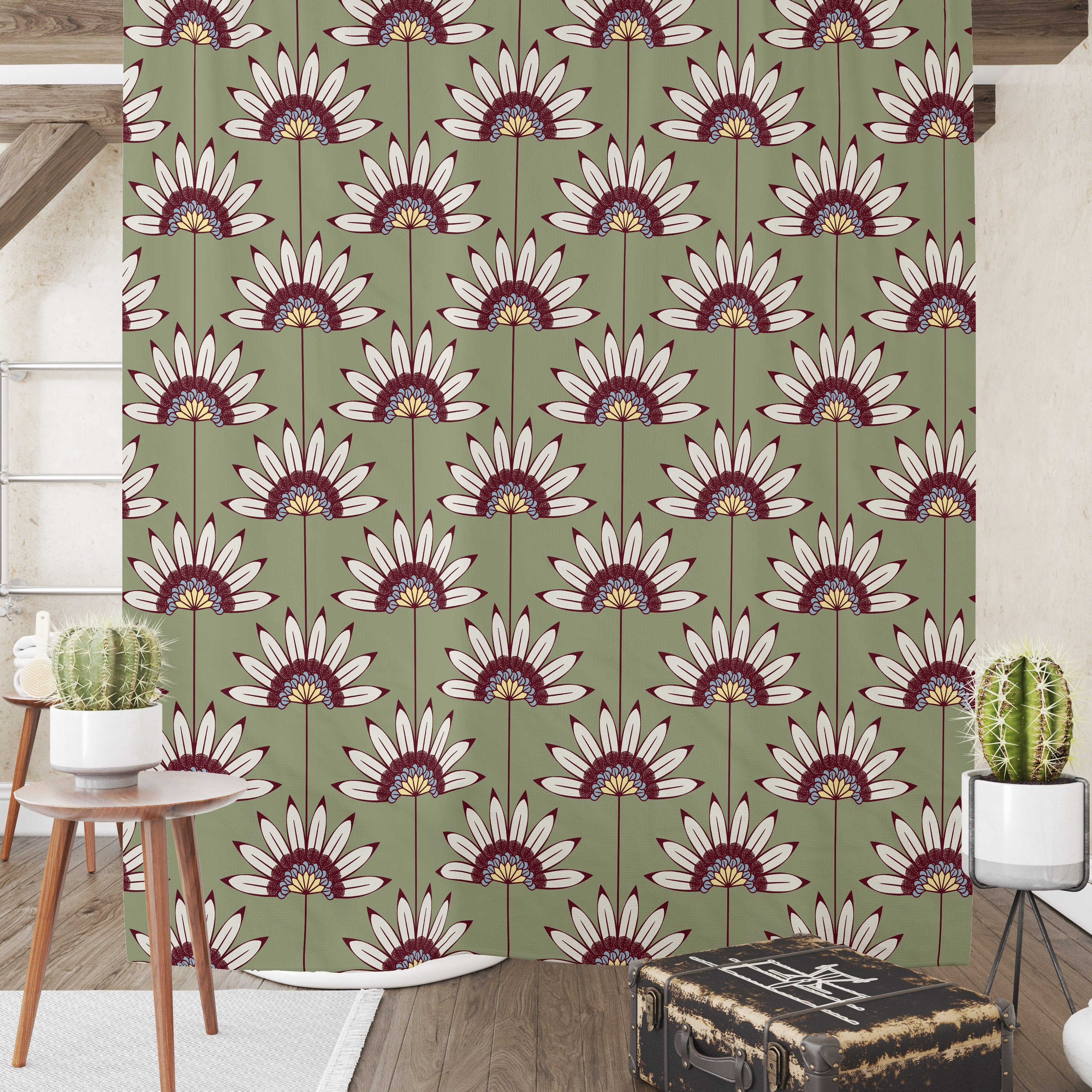 Sage Floral Shower Curtain - Natural Bath Curtain with Optional Towels and Mat for Relaxing Bathroom Decor
