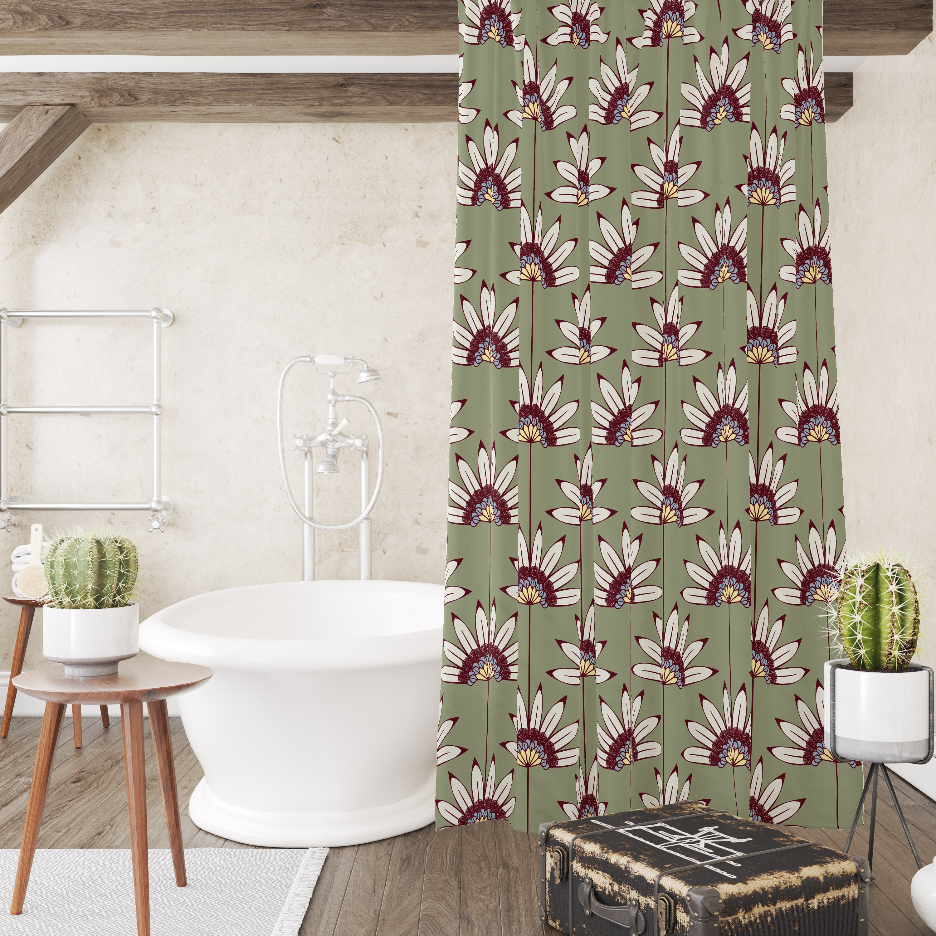 Sage Floral Shower Curtain - Natural Bath Curtain with Optional Towels and Mat for Relaxing Bathroom Decor - Image 2