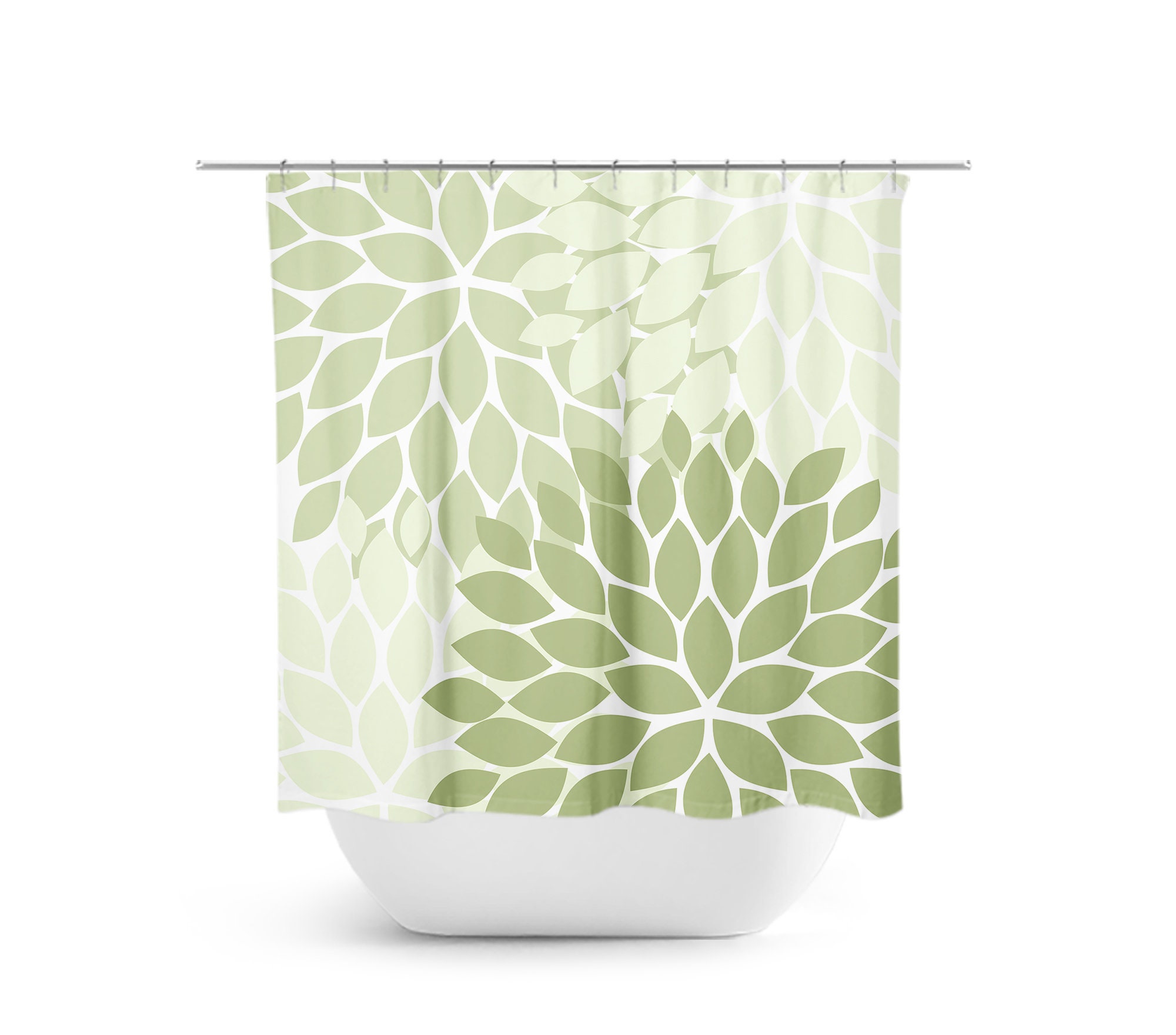Sage Green Flower Shower Curtain, Unique Bath Curtain for Decorative Sage Bathroom with Girls Bathroom Decor