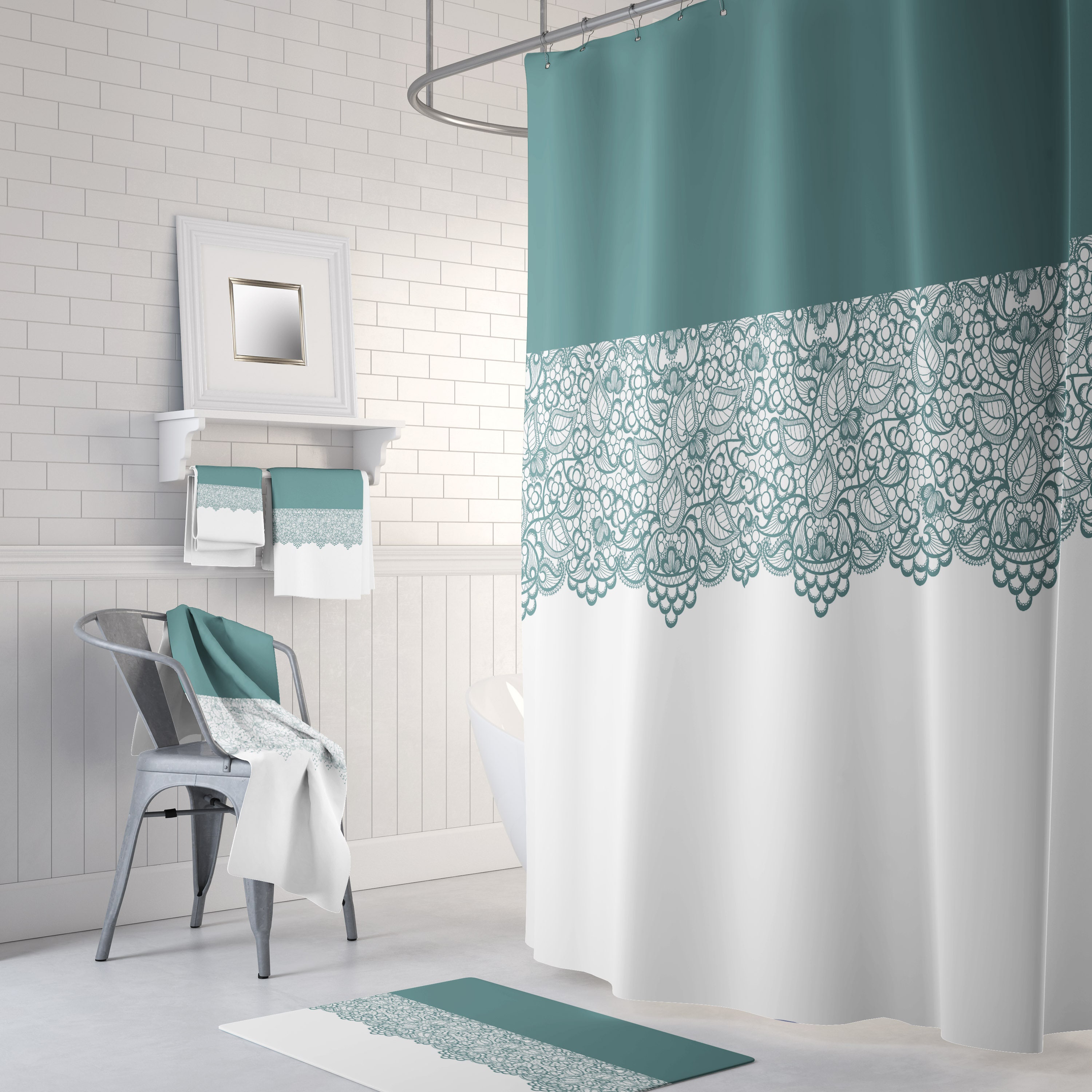 Sage Lace Pattern Shower Curtain with Optional Towels and Bath Mat