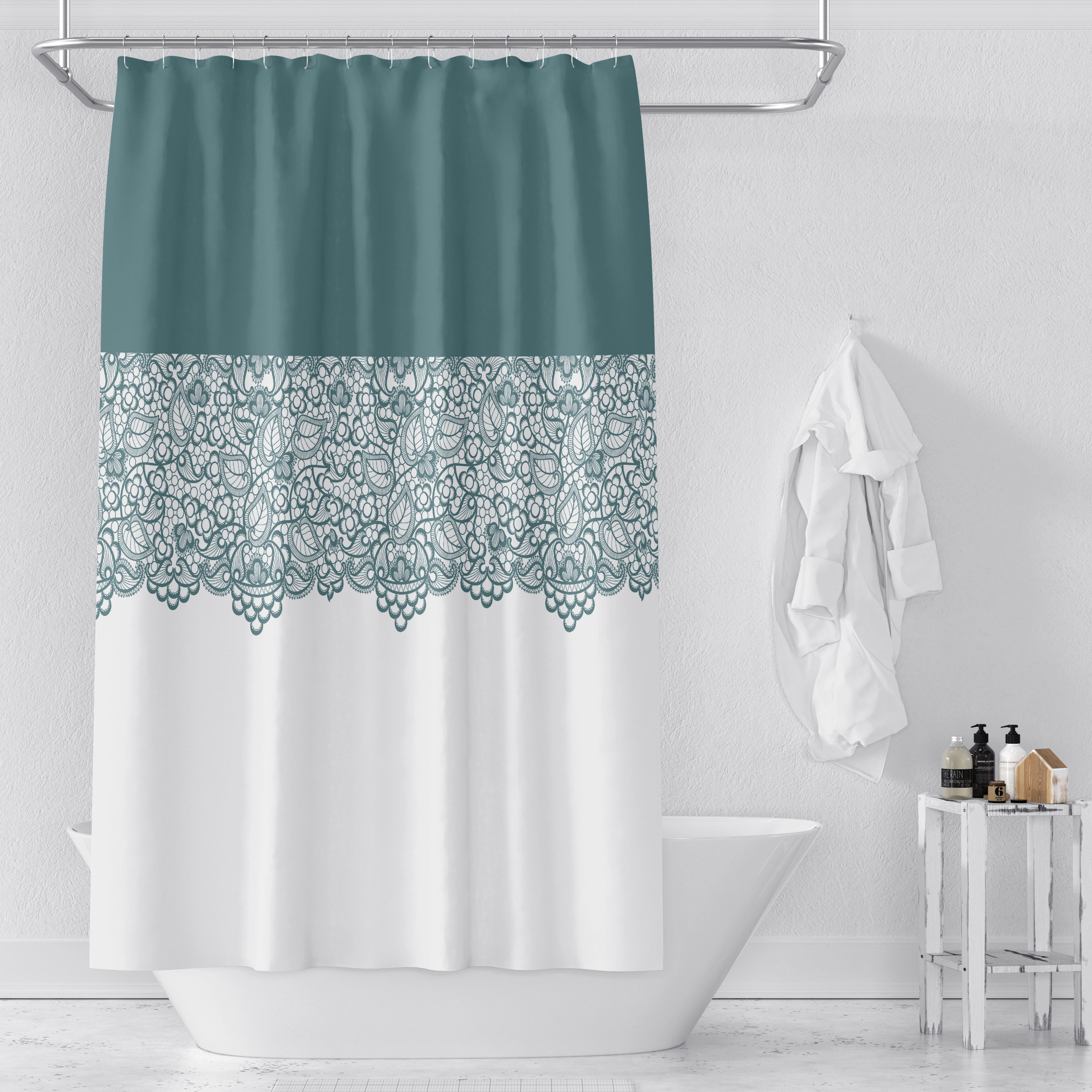 Sage Lace Pattern Shower Curtain with Optional Towels and Bath Mat - Image 2