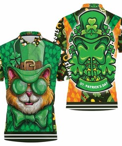 Saint Patricks Day Cat With Green Hat 3D All Over Print Polo Shirt with Personalized 3D Polo Collar