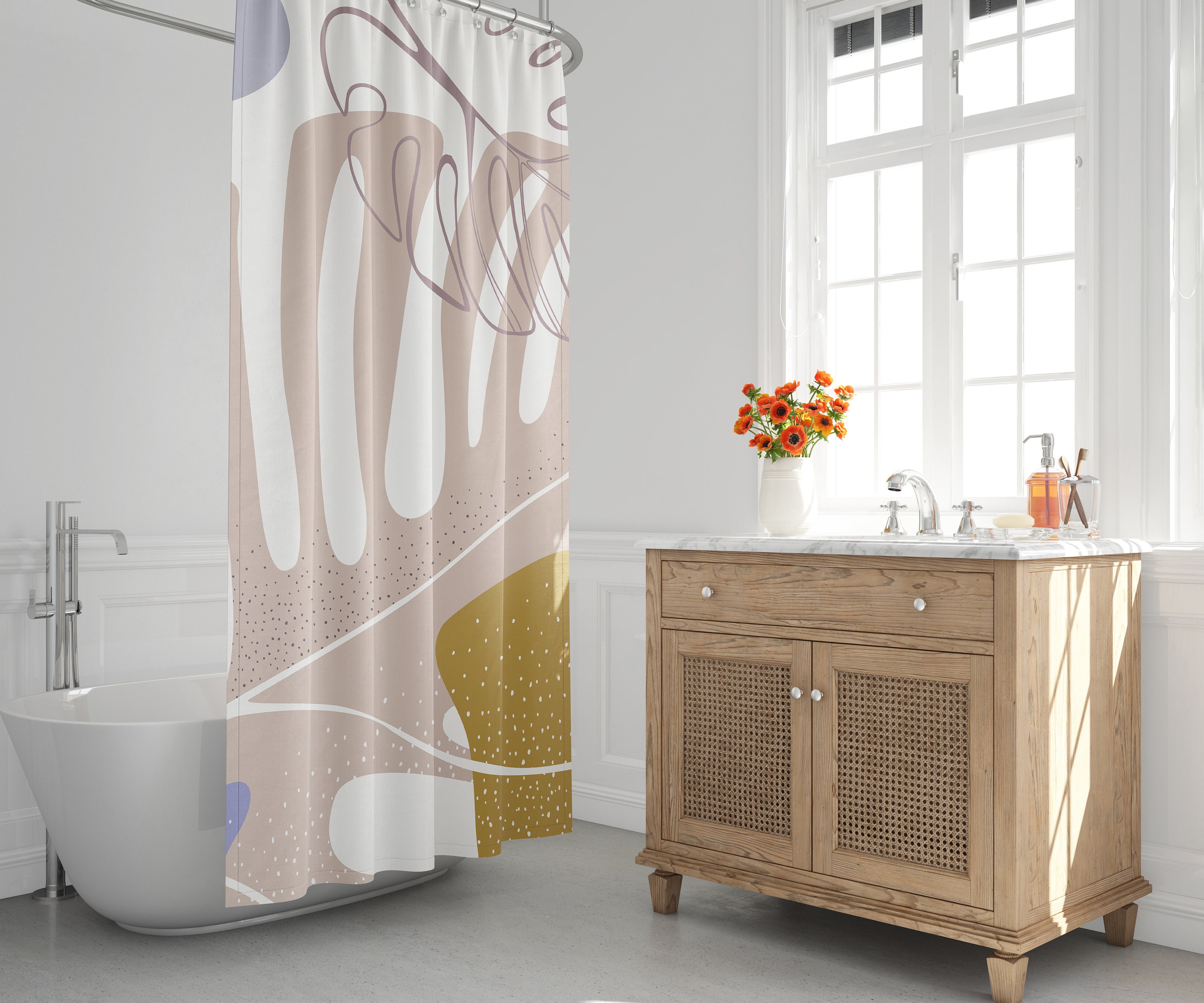 Scandi Neutral Tone Abstract Shower Curtain - Minimalist Mid Century Modern Design Bathroom Decor