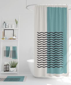 Scandinavian Bathroom Decor with Boho Shower Curtain, Bath Mat, Spa Wrap, and Towels