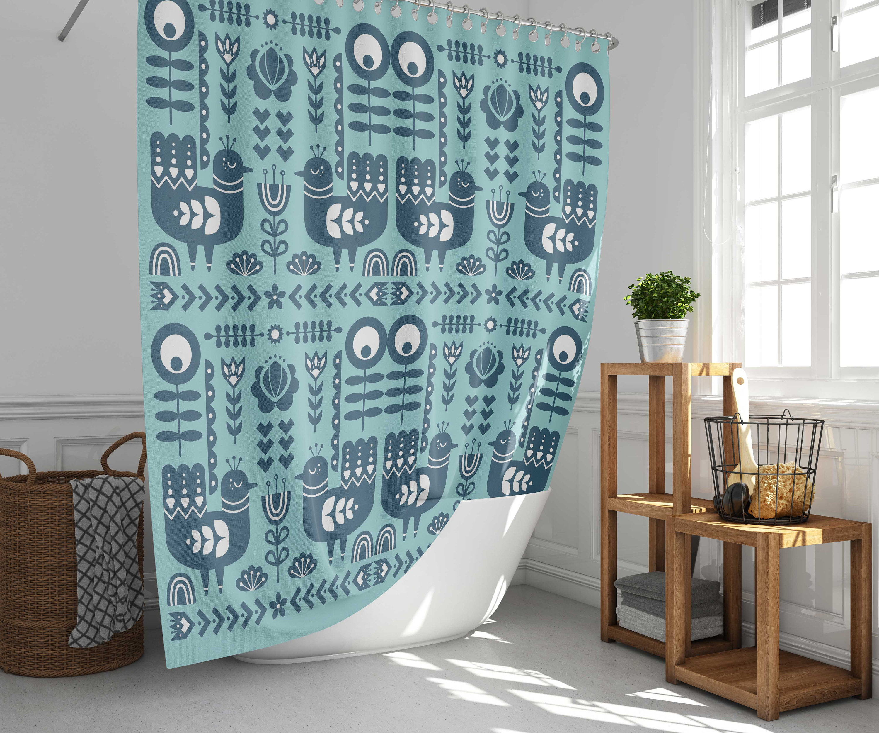 Scandinavian Bird in the Forest Shower Curtain, Nordic Birds Animal Flowers Gift with a Vintage Touch