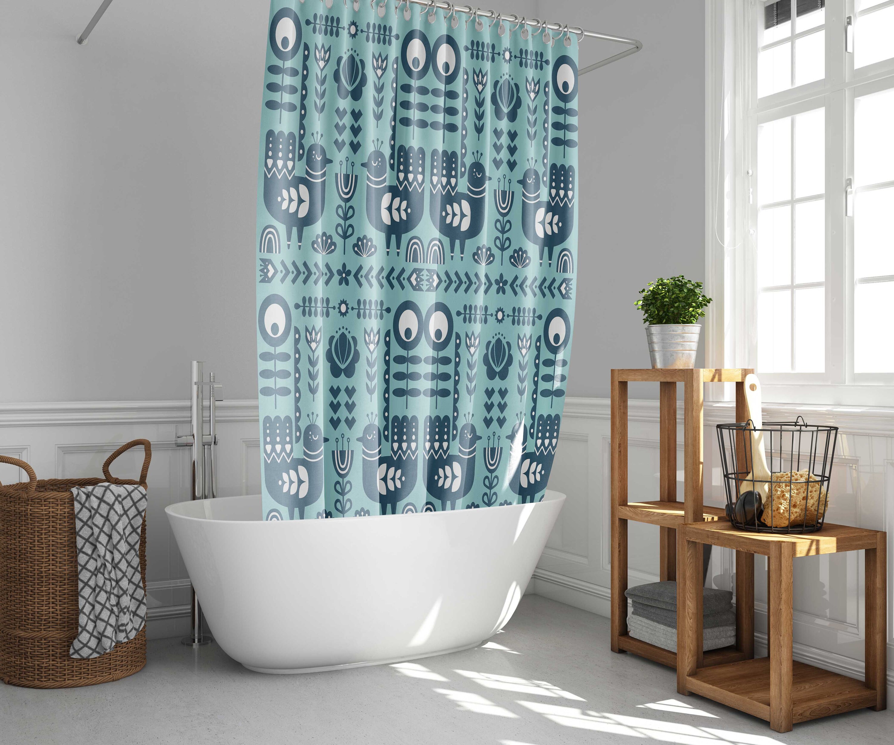 Scandinavian Bird in the Forest Shower Curtain, Nordic Birds Animal Flowers Gift with a Vintage Touch - Image 2