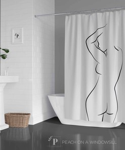 Scandinavian Line Art Shower Curtain | Nude Black and White Designer Bath Curtain 71x74 in | Bathroom Decor + Quotes