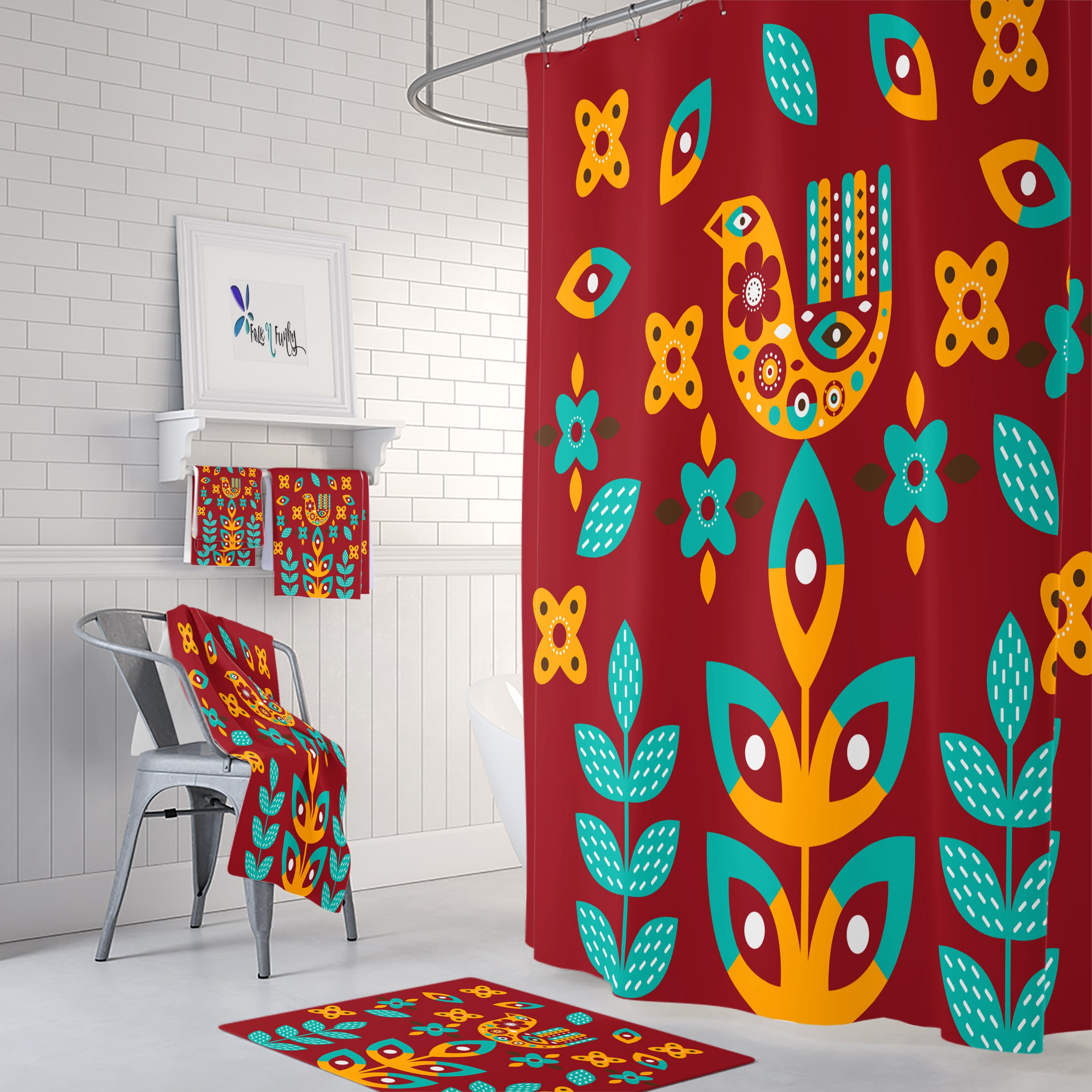 Scandinavian Red Shower Curtain with Nordic Bathroom Decor