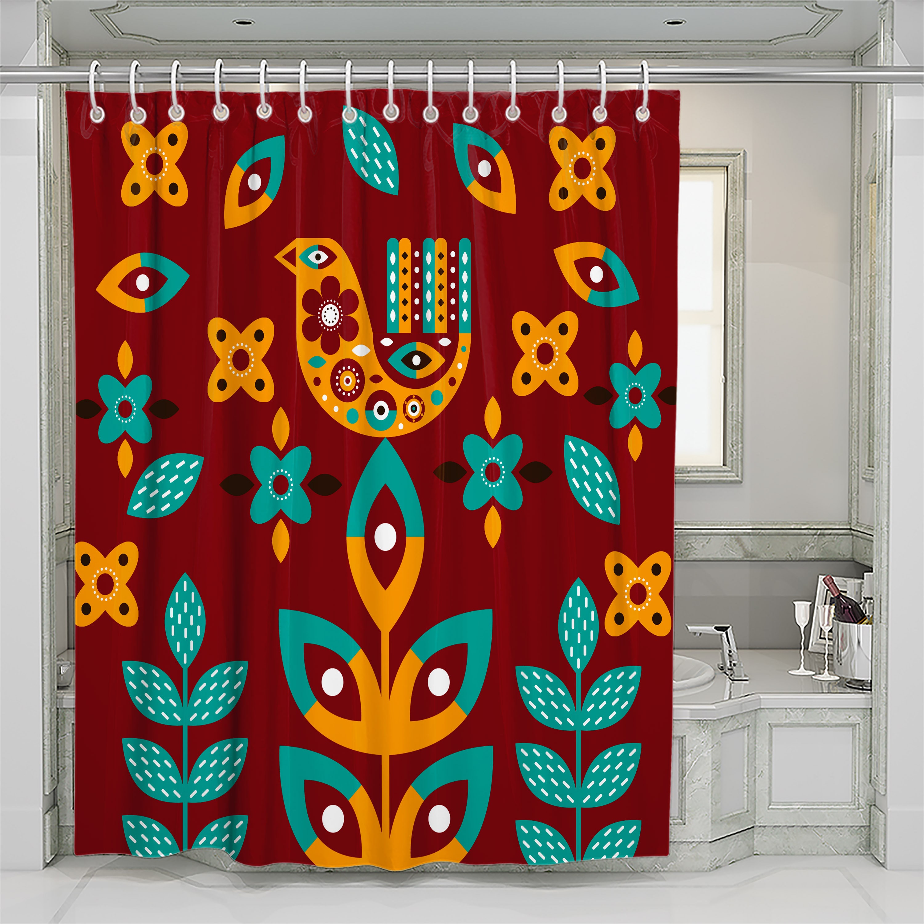 Scandinavian Red Shower Curtain with Nordic Bathroom Decor - Image 2