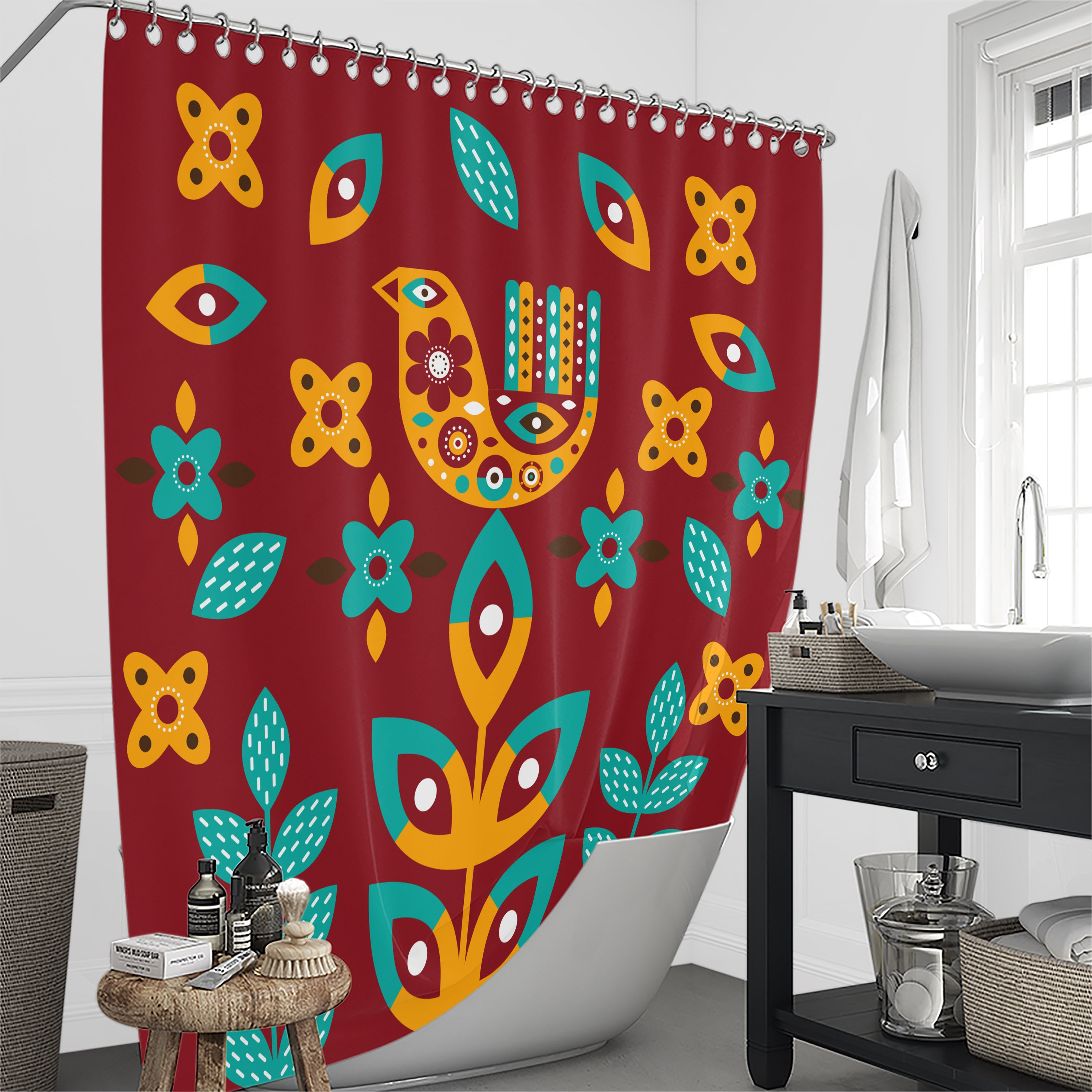 Scandinavian Red Shower Curtain with Nordic Bathroom Decor - Image 3