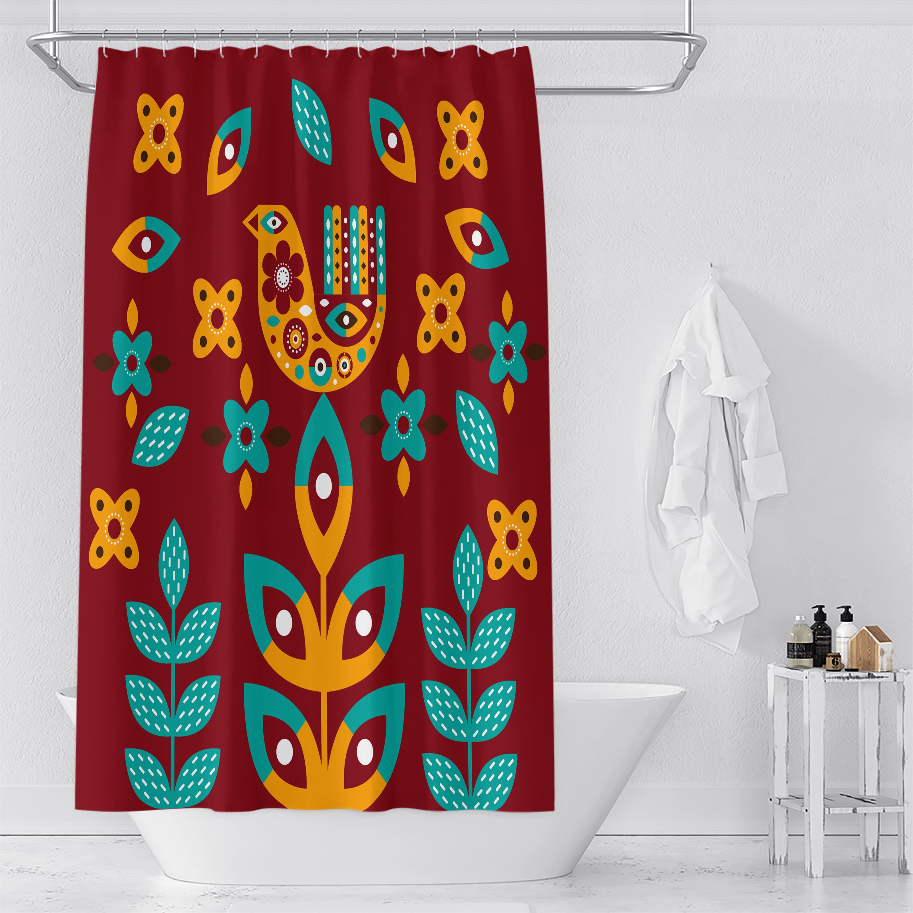 Scandinavian Red Shower Curtain with Nordic Bathroom Decor - Image 4