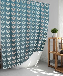 Scandinavian Swedish Danish Design Shower Curtain, Blue Retro Leaves Spring Floral Bathroom Curtain Mat