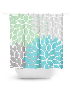 Sea Glass Blue Flower Shower Curtain, Coastal Green Gray Bathroom Decor with Water-Resistant Material