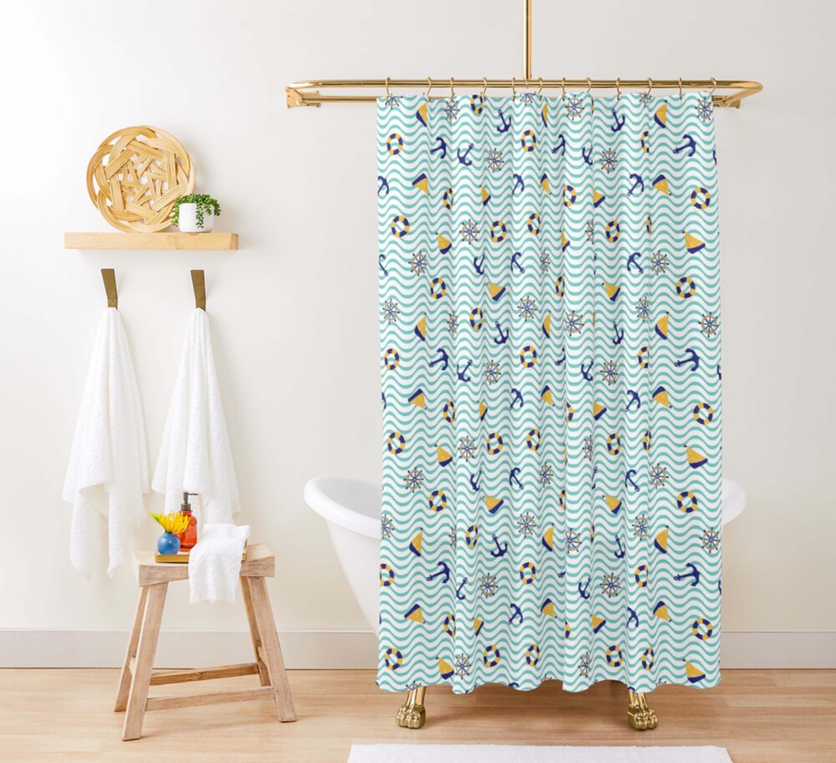 Sea ocean nautical pattern Shower Curtain | Blue nautical sailing fabric Bathroom Curtain Set Decor