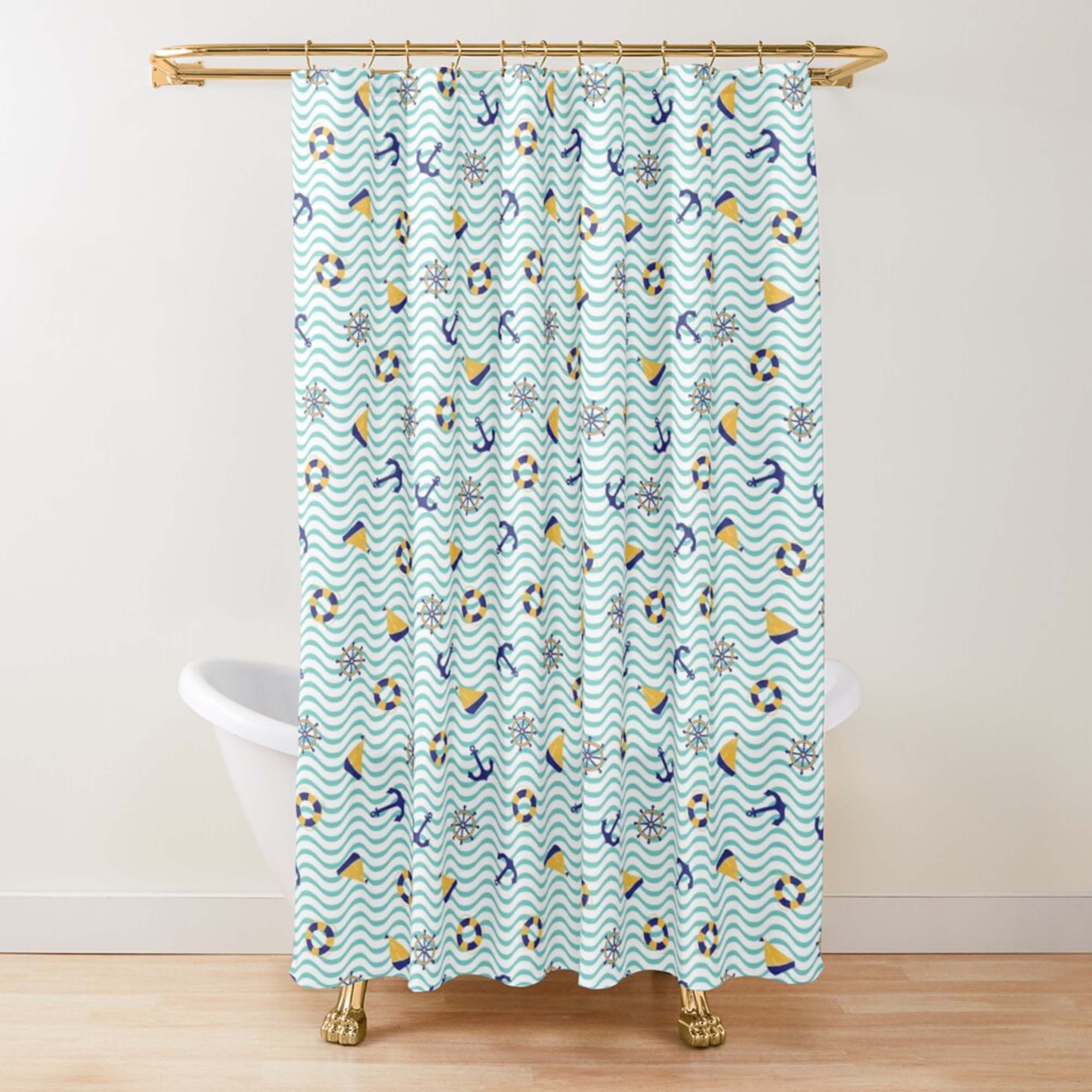 Sea ocean nautical pattern Shower Curtain | Blue nautical sailing fabric Bathroom Curtain Set Decor - Image 2