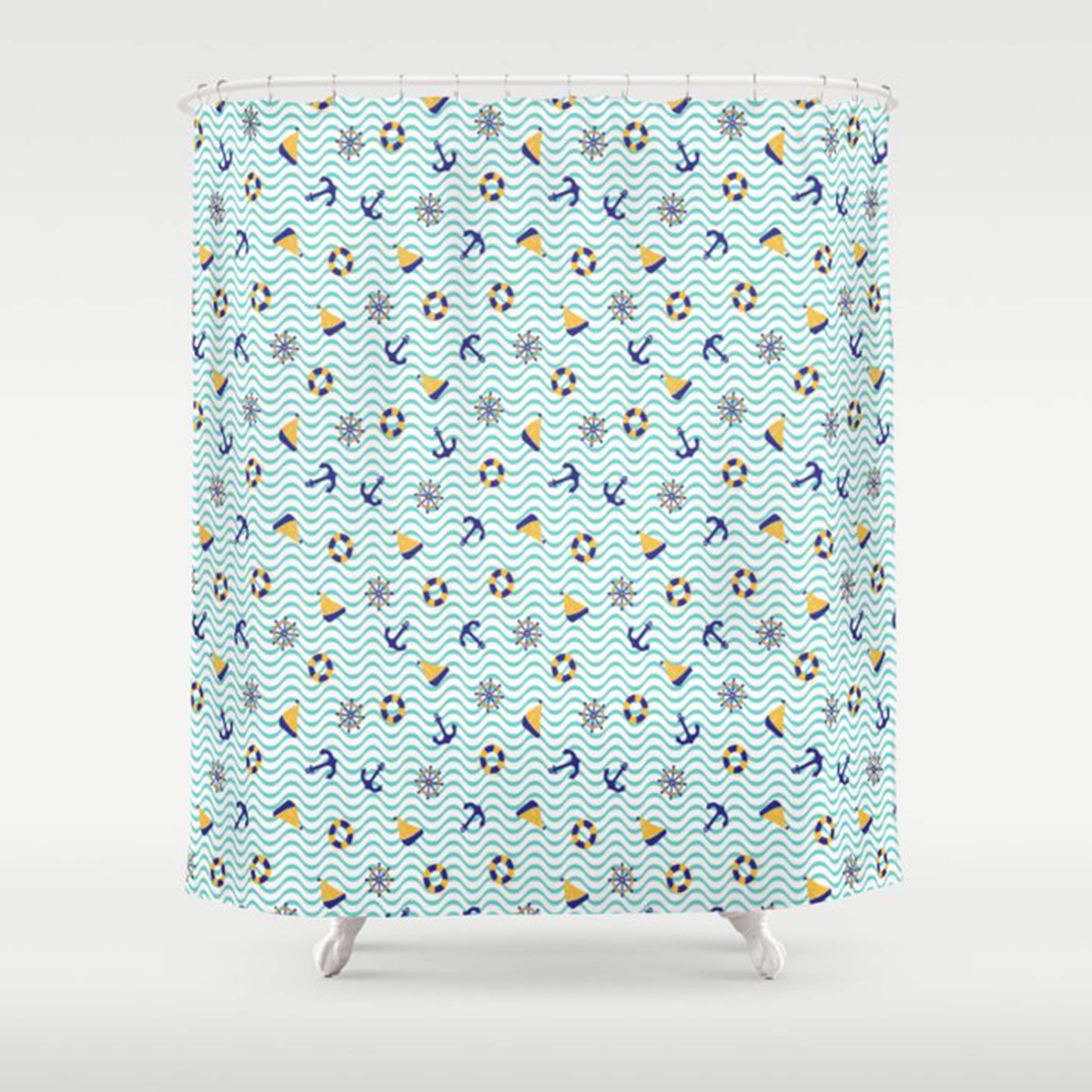 Sea ocean nautical pattern Shower Curtain | Blue nautical sailing fabric Bathroom Curtain Set Decor - Image 3