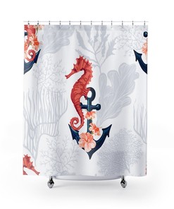 Seahorse and Anchor Nautical Art Shower Curtain | 71x74 Inch Curtain | Beach Bath Decor