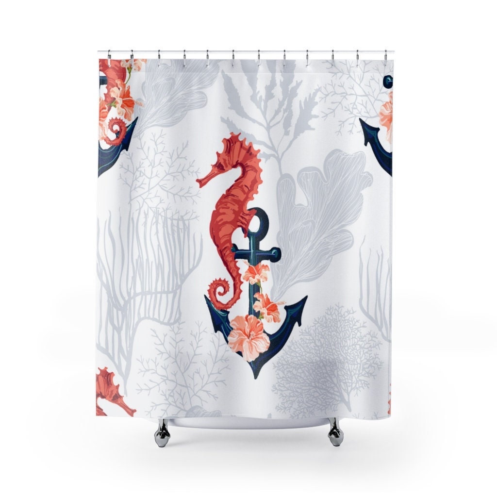 Seahorse and Anchor Nautical Art Shower Curtain | 71x74 Inch Curtain | Beach Bath Decor