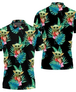 Seamless Tropical Green Leaves Baby Yoda Hugging Strawberries Polo Shirt featuring All Over Print and 3D Print.