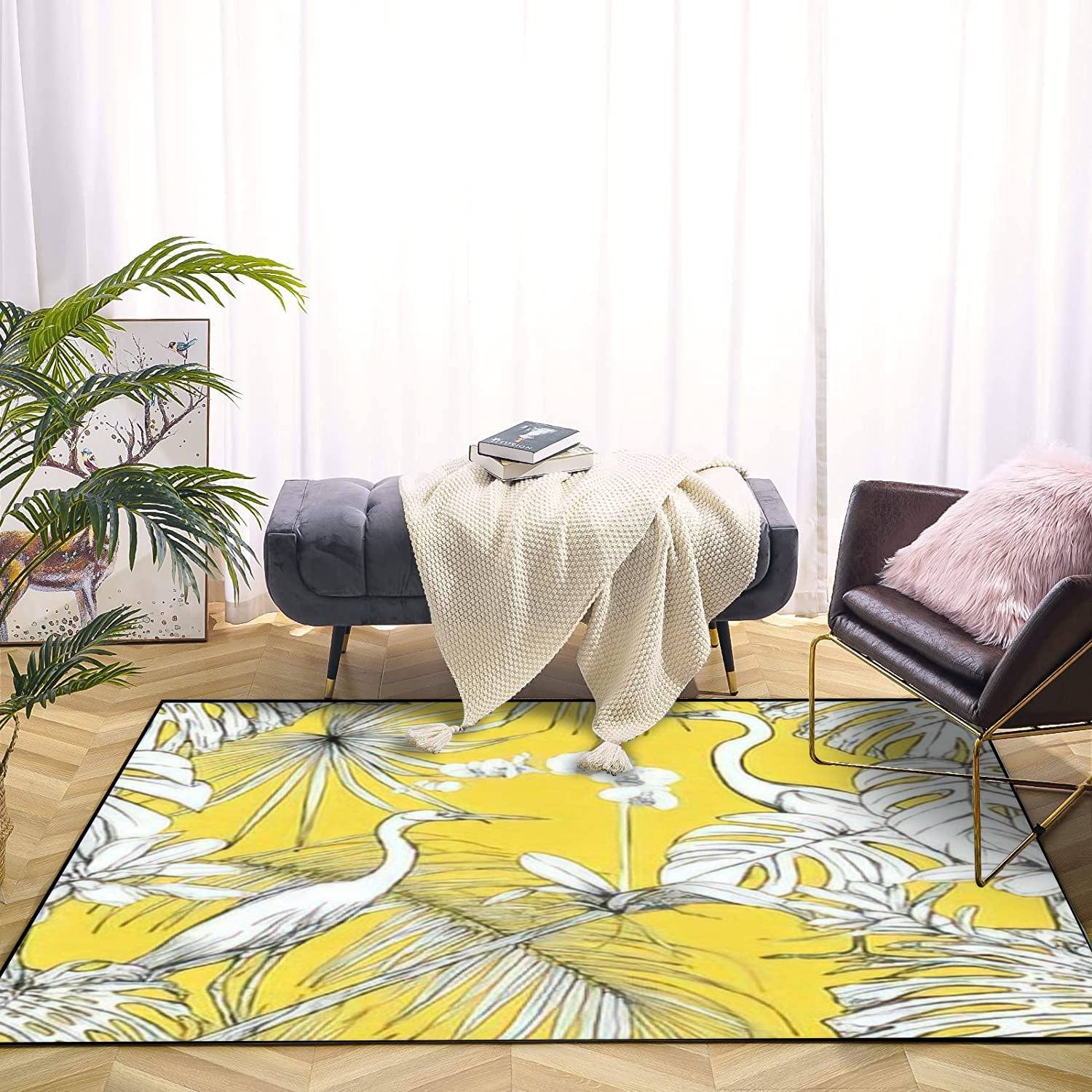 Seamless Tropical Plants Flowers White Orchid Tropical Birds Graphic Large 70s Style Area Rug