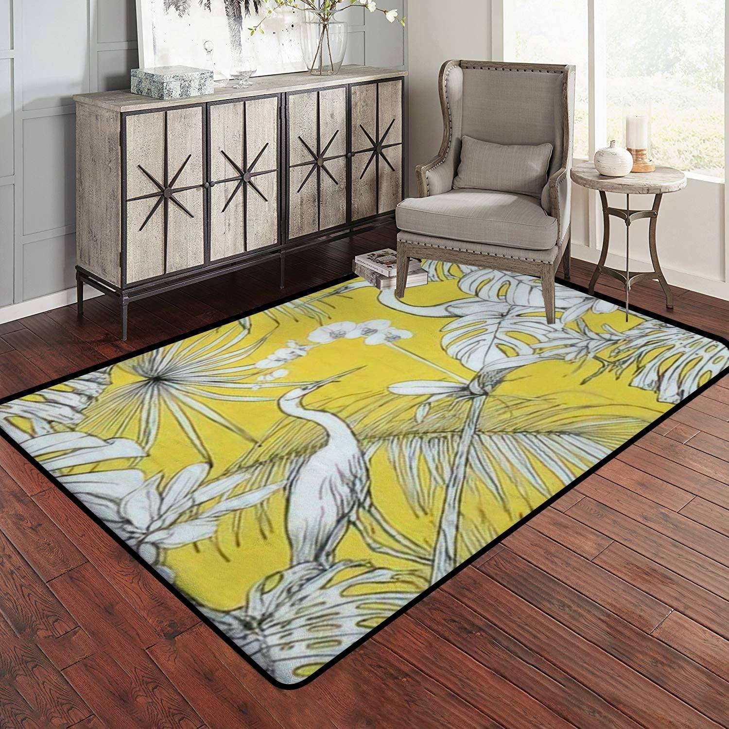 Seamless Tropical Plants Flowers White Orchid Tropical Birds Graphic Large 70s Style Area Rug - Image 2