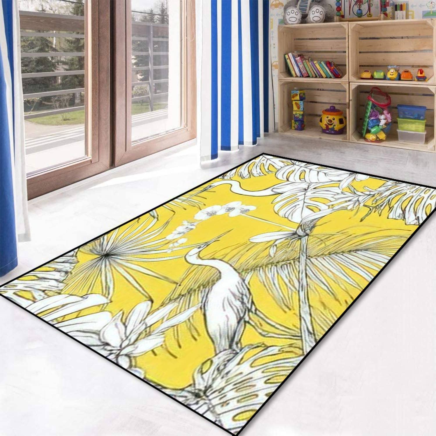 Seamless Tropical Plants Flowers White Orchid Tropical Birds Graphic Large 70s Style Area Rug - Image 3