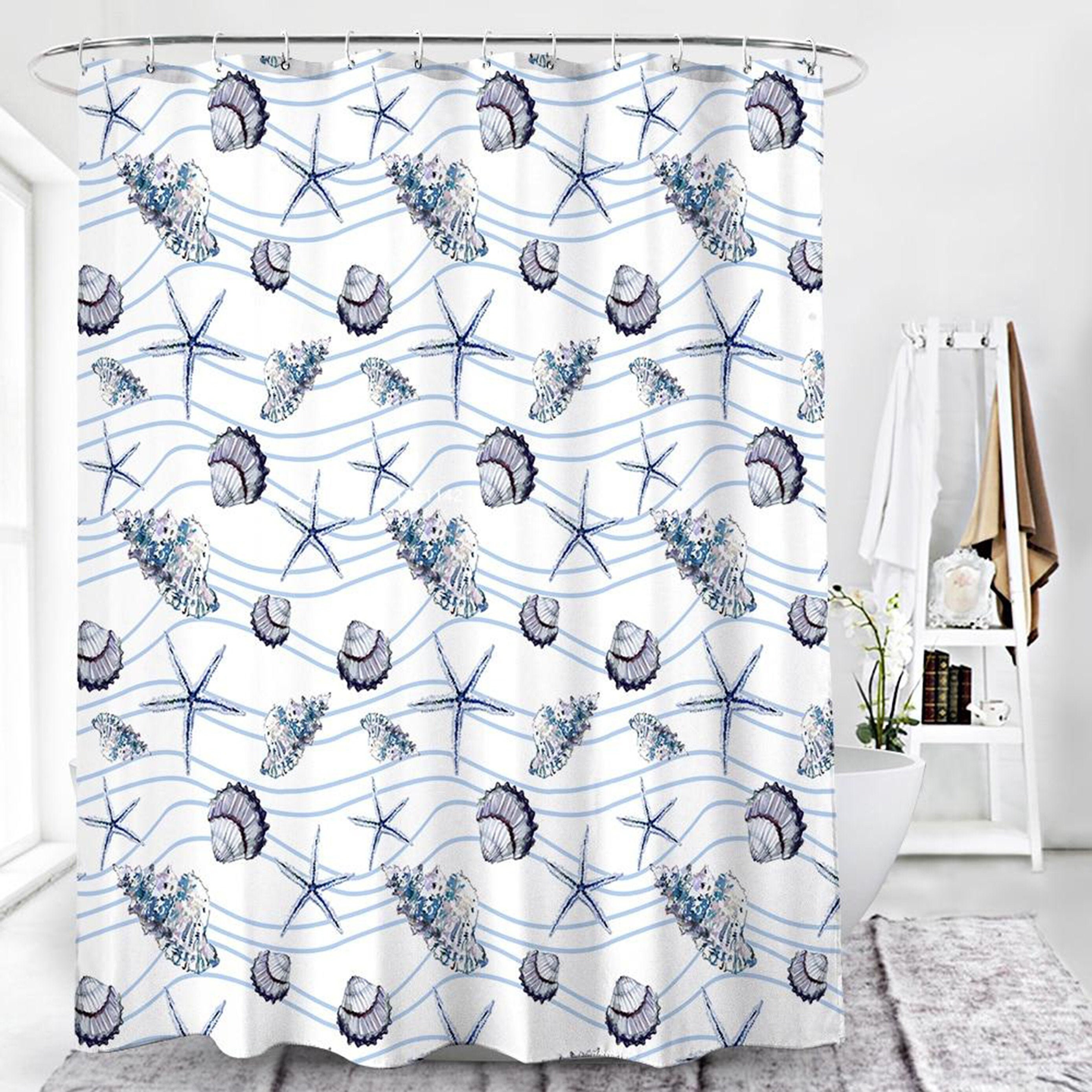 Seashell and Starfish Shower Curtain | Blue Ocean Life Sea Creature Beach, Bathroom Curtain | Home Bathroom Set Decor