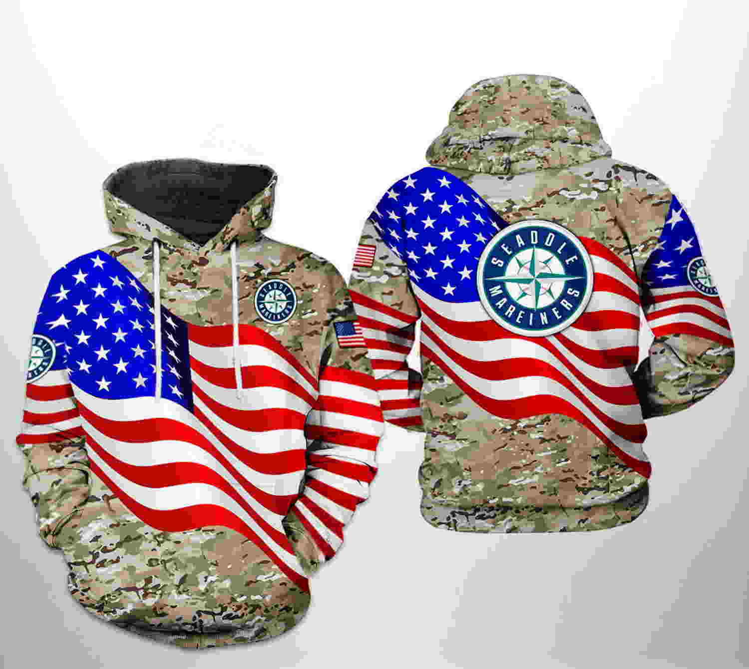 Seattle Mariners All Over Print US Flag Camo Veteran 3D Hoodie