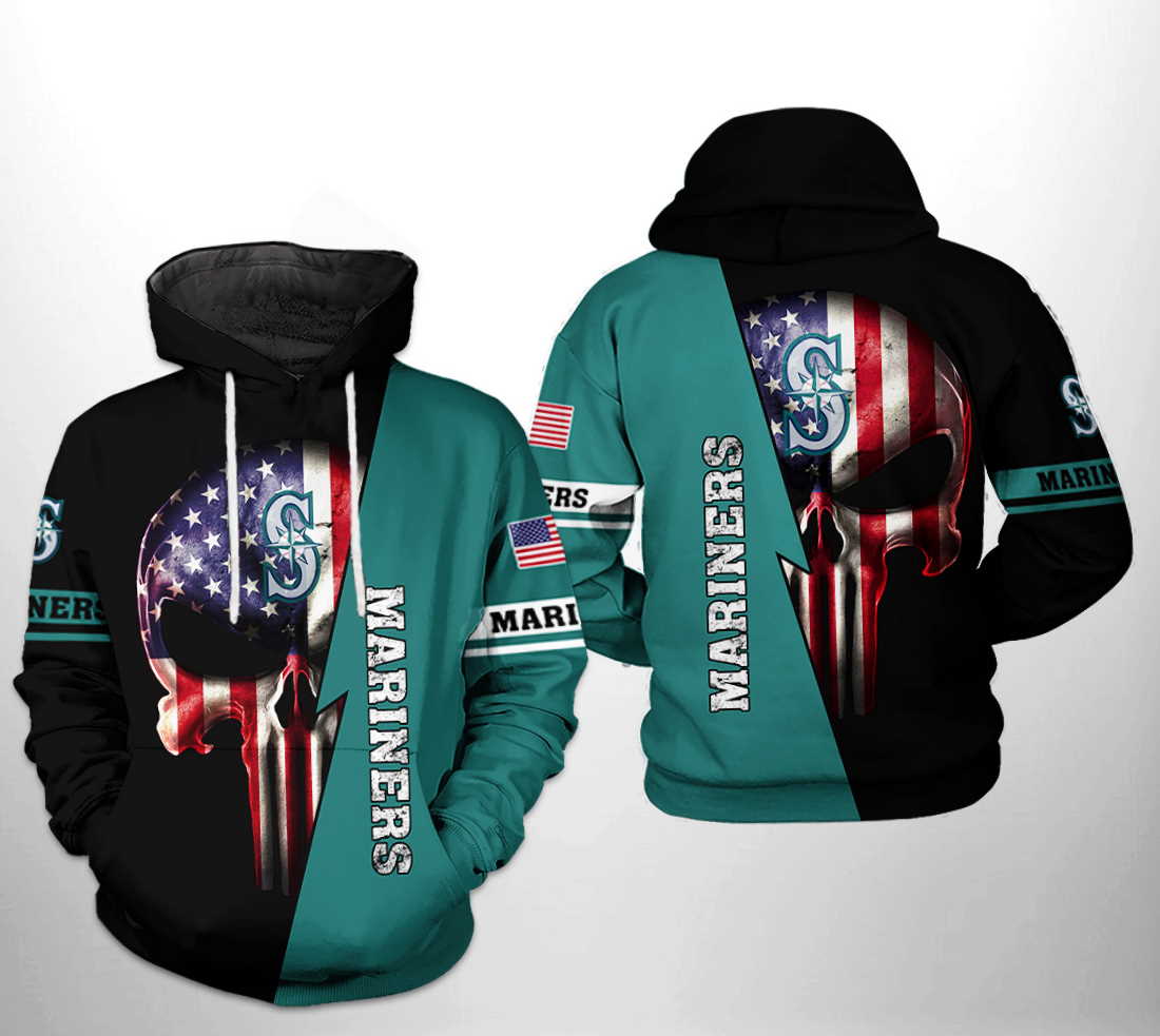 Seattle Mariners MLB US Flag Skull All Over Print Hoodie