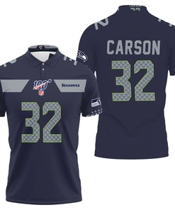 Seattle Seahawks Chris Carson #32 NFL American Football Navy 100th Season Style Polo Shirt