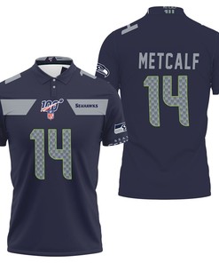 Seattle Seahawks Dk Metcalf #14 NFL American Football Navy 100th Season Style Polo Shirt with Breathable Fabric